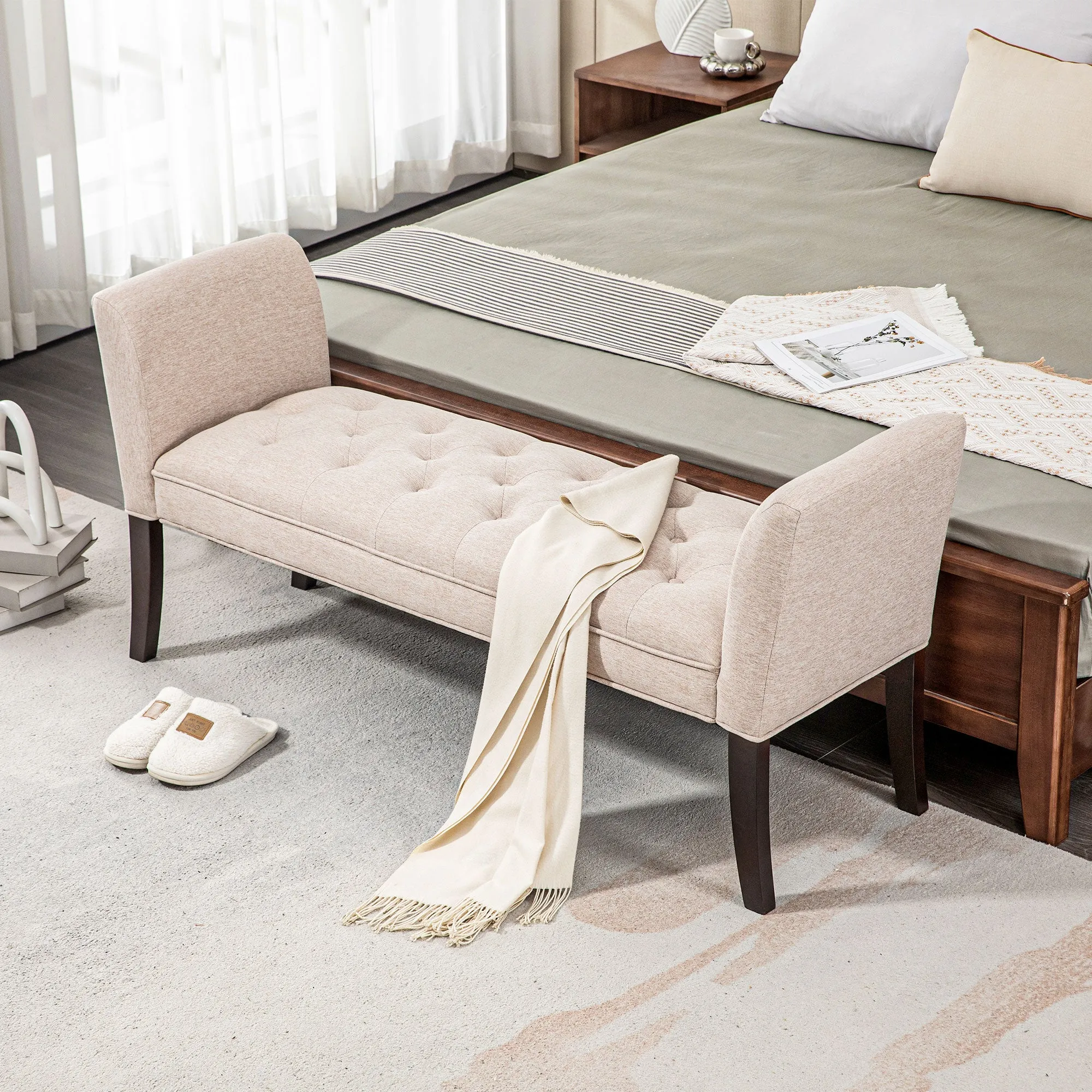 Padded and Buttoned Bed End Bench, in Linen and Wood Effect Fabric, 141x44x65 cm, Beige - Image 2