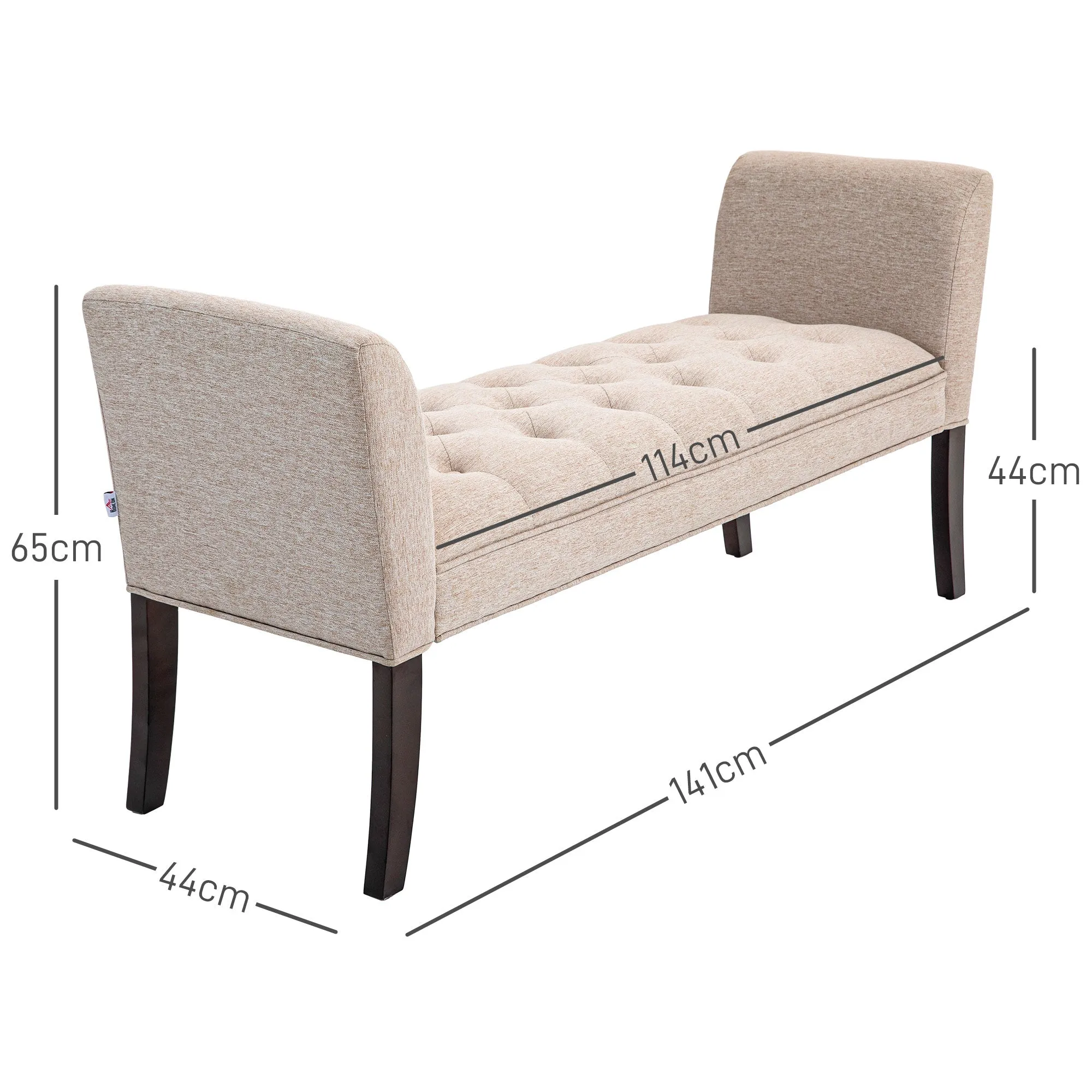 Padded and Buttoned Bed End Bench, in Linen and Wood Effect Fabric, 141x44x65 cm, Beige - Image 3