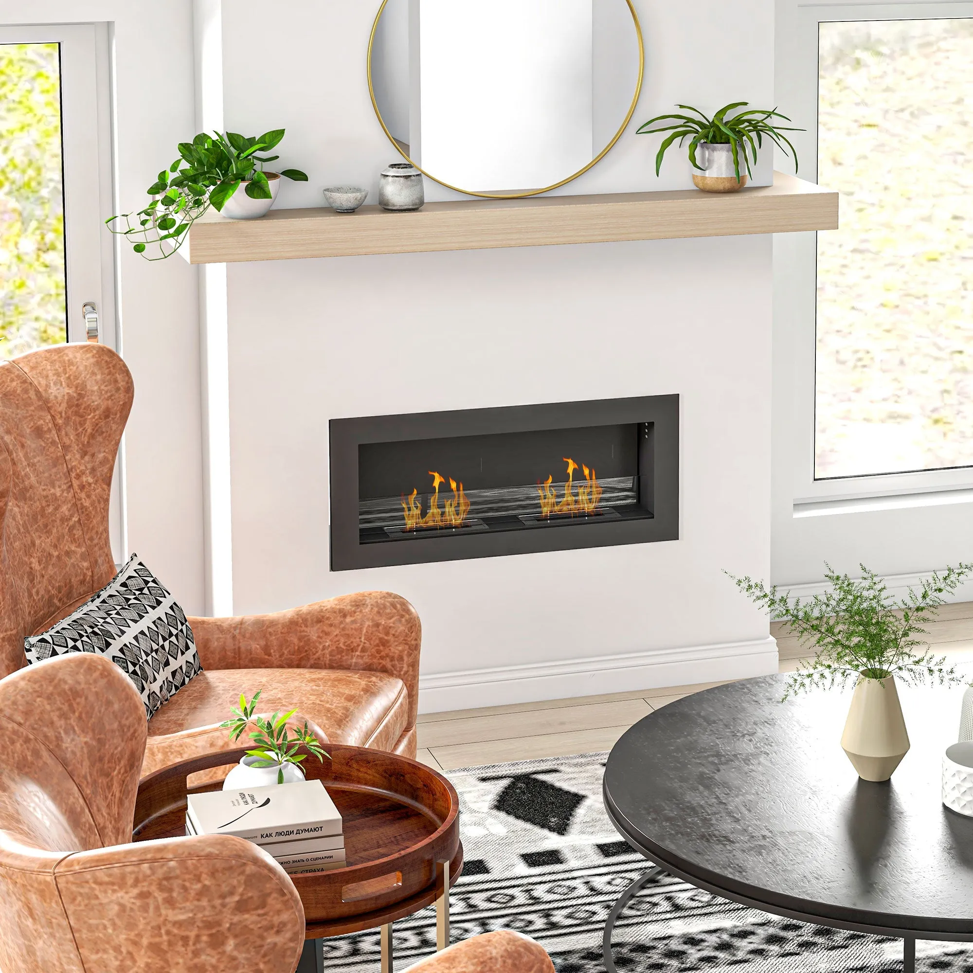 Built-in Bioethanol Fireplace in Stainless Steel, 2 x 0.85L Burners for 3 Hours of Burning, 90x15x40cm, Black - Image 2
