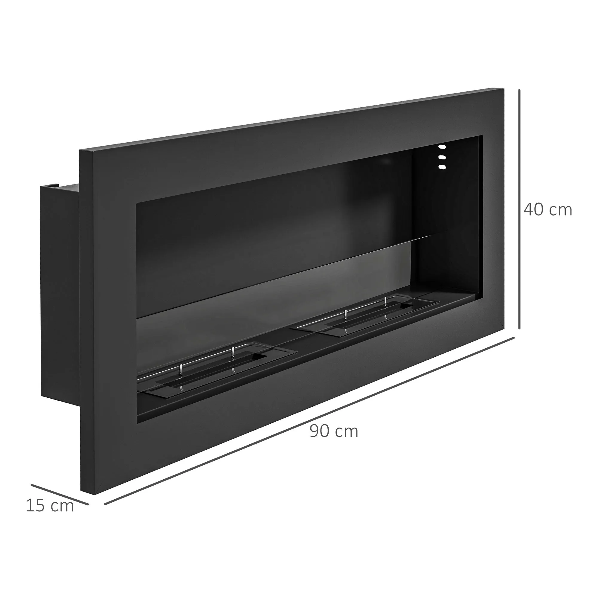 Built-in Bioethanol Fireplace in Stainless Steel, 2 x 0.85L Burners for 3 Hours of Burning, 90x15x40cm, Black - Image 3