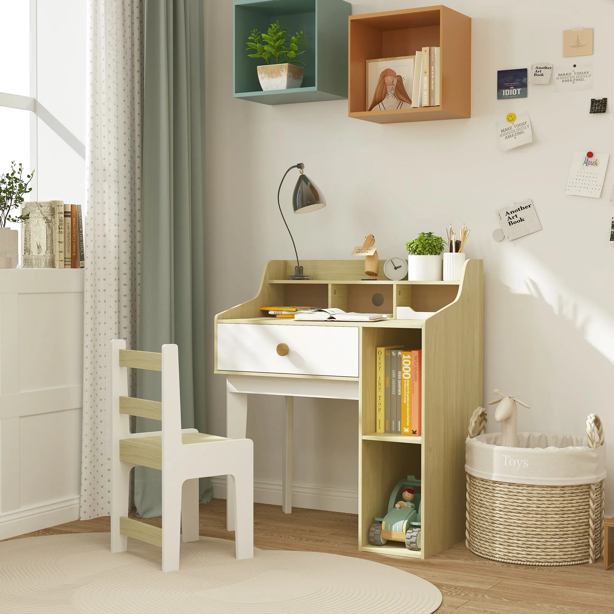Kids Desk and Chair Set Wooden with Shelf and Drawer, Ages 3-10 Years, White and Wood - Image 2