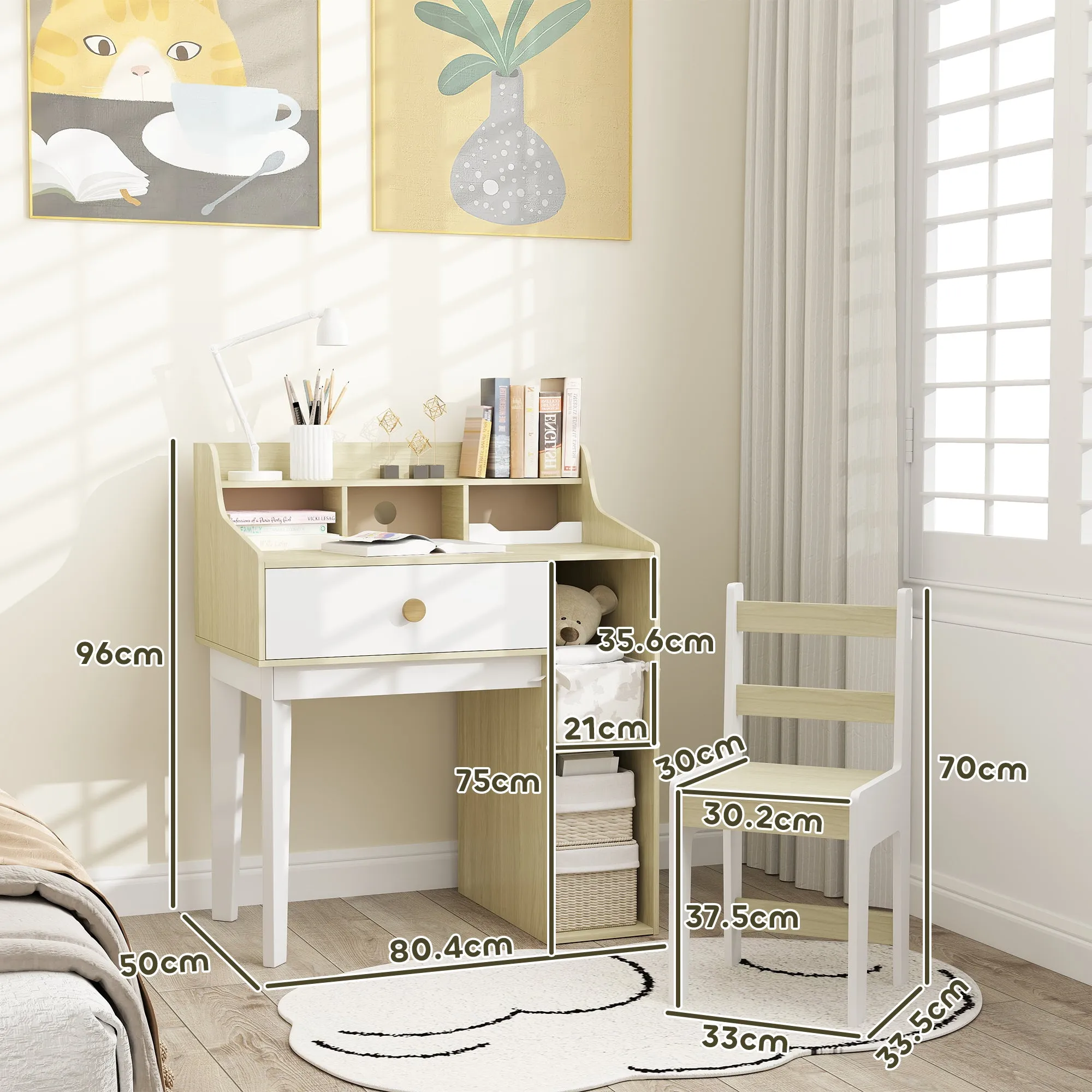 Kids Desk and Chair Set Wooden with Shelf and Drawer, Ages 3-10 Years, White and Wood - Image 3