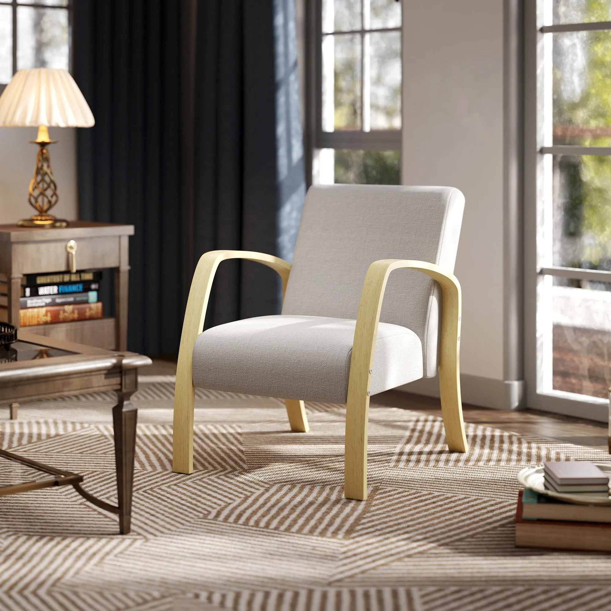 Modern Scandinavian Style Upholstered Fabric and Birch Wood Armchair, Grey - Image 2