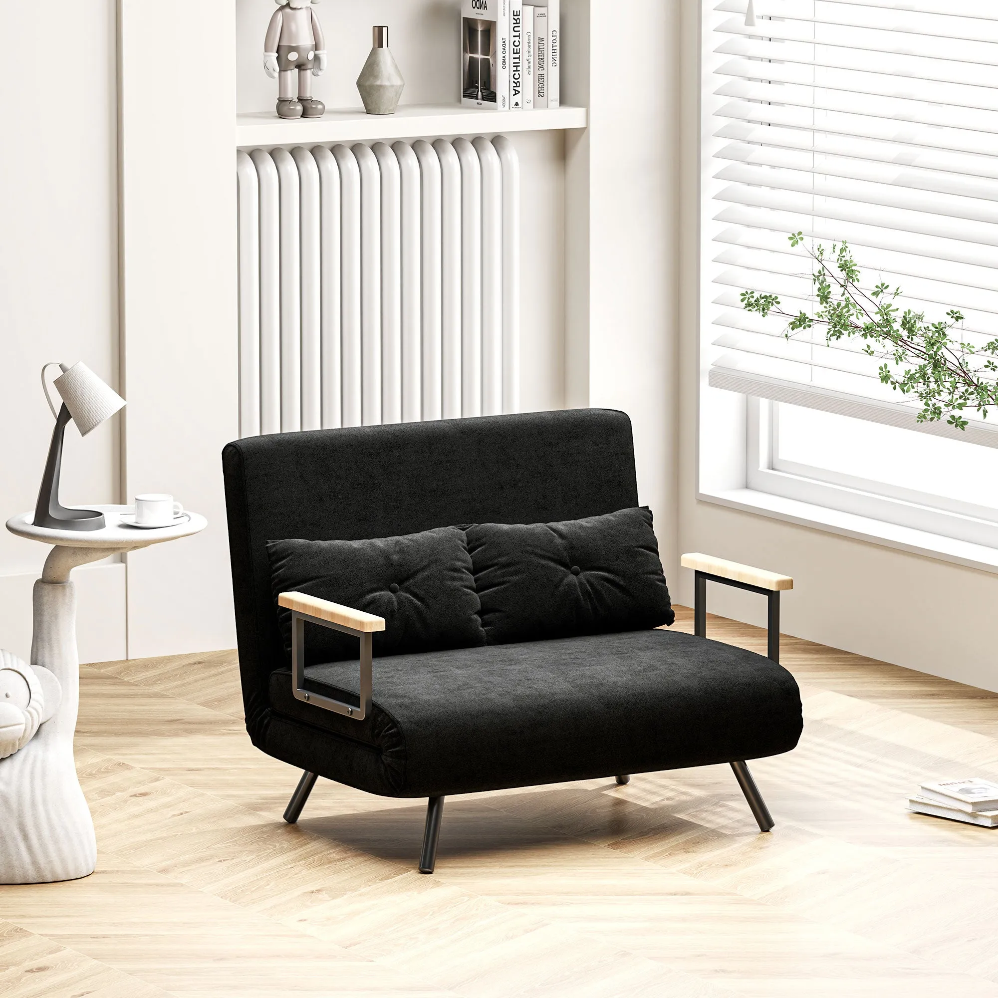 3 in 1 Velvet Fabric Sofa Bed with Adjustable Backrest and 2 Cushions, 102x73x81 cm, Black - Image 2