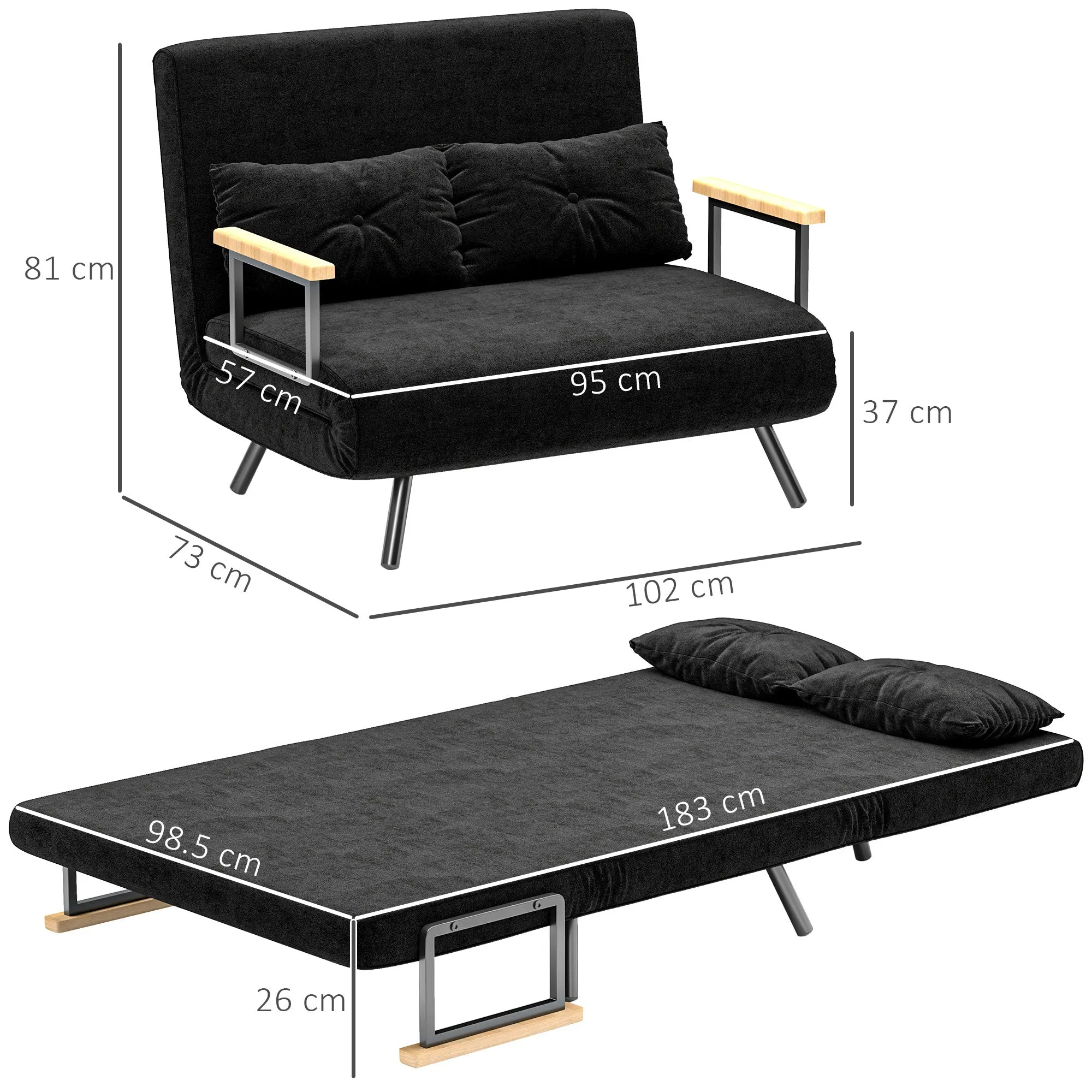 3 in 1 Velvet Fabric Sofa Bed with Adjustable Backrest and 2 Cushions, 102x73x81 cm, Black - Image 3
