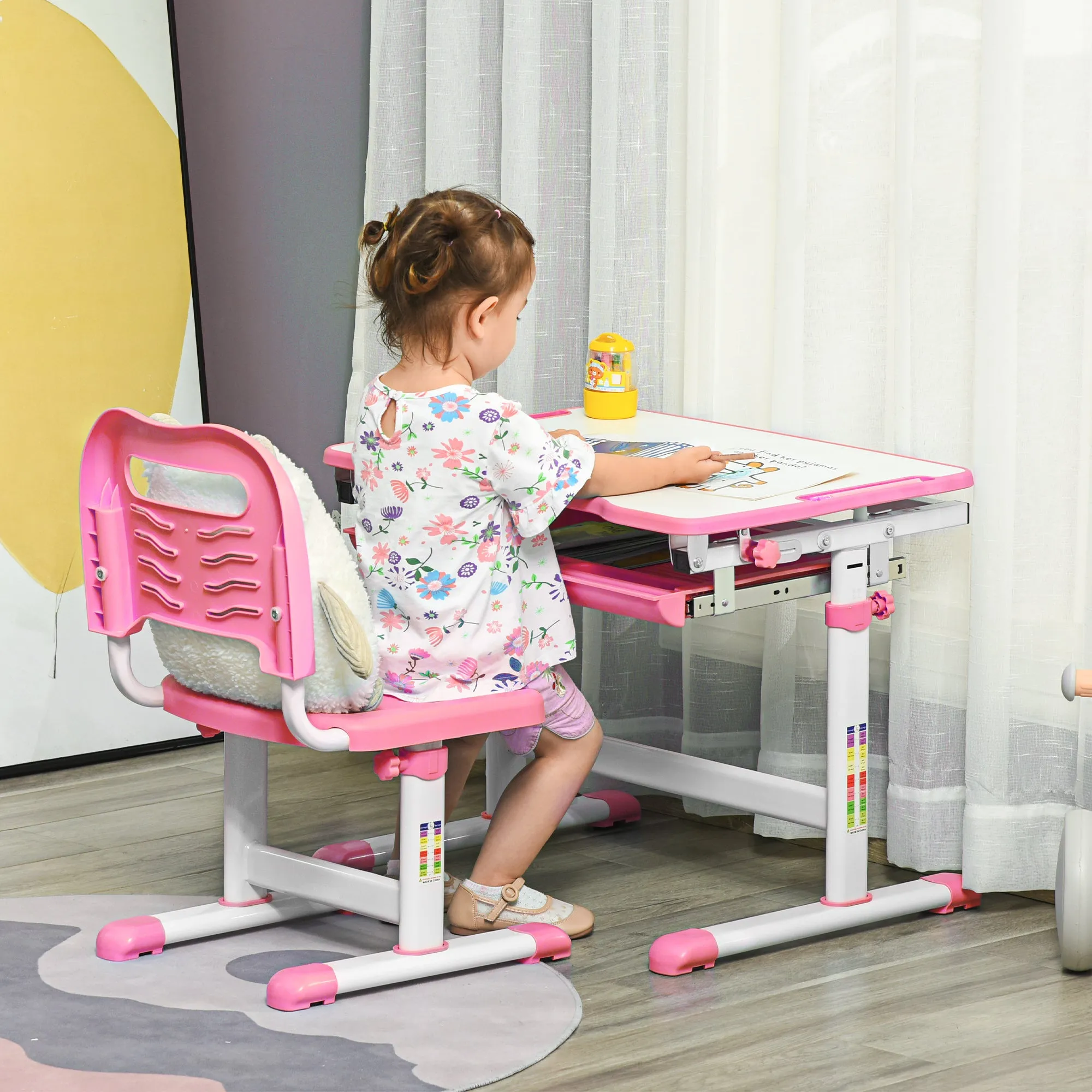 Children's School Desk for 6-12 Years with Chair and Adjustable Height, Tiltable Top, 66x47x52-77 cm, Pink - Image 2