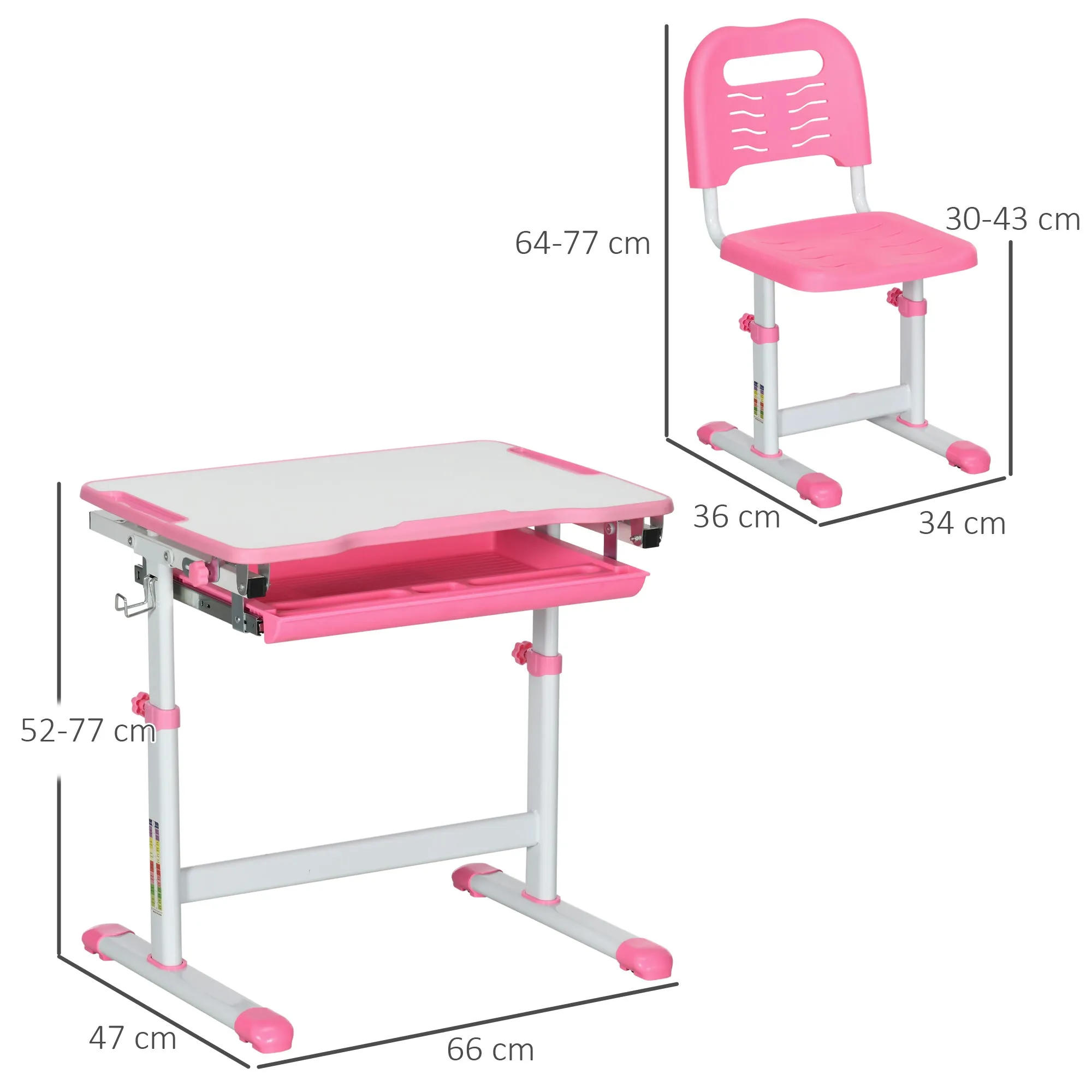 Children's School Desk for 6-12 Years with Chair and Adjustable Height, Tiltable Top, 66x47x52-77 cm, Pink - Image 3