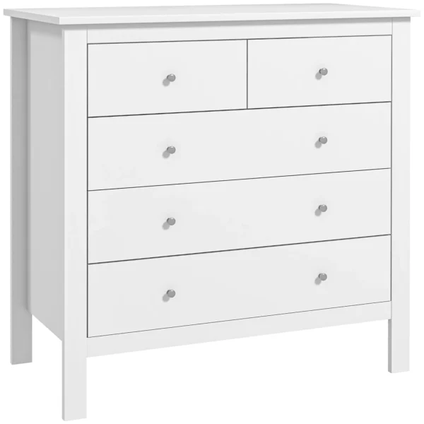 5 Drawer Chest of Drawers for Bedroom and Living Room in White Wood, 79x39.5x80.5 cm