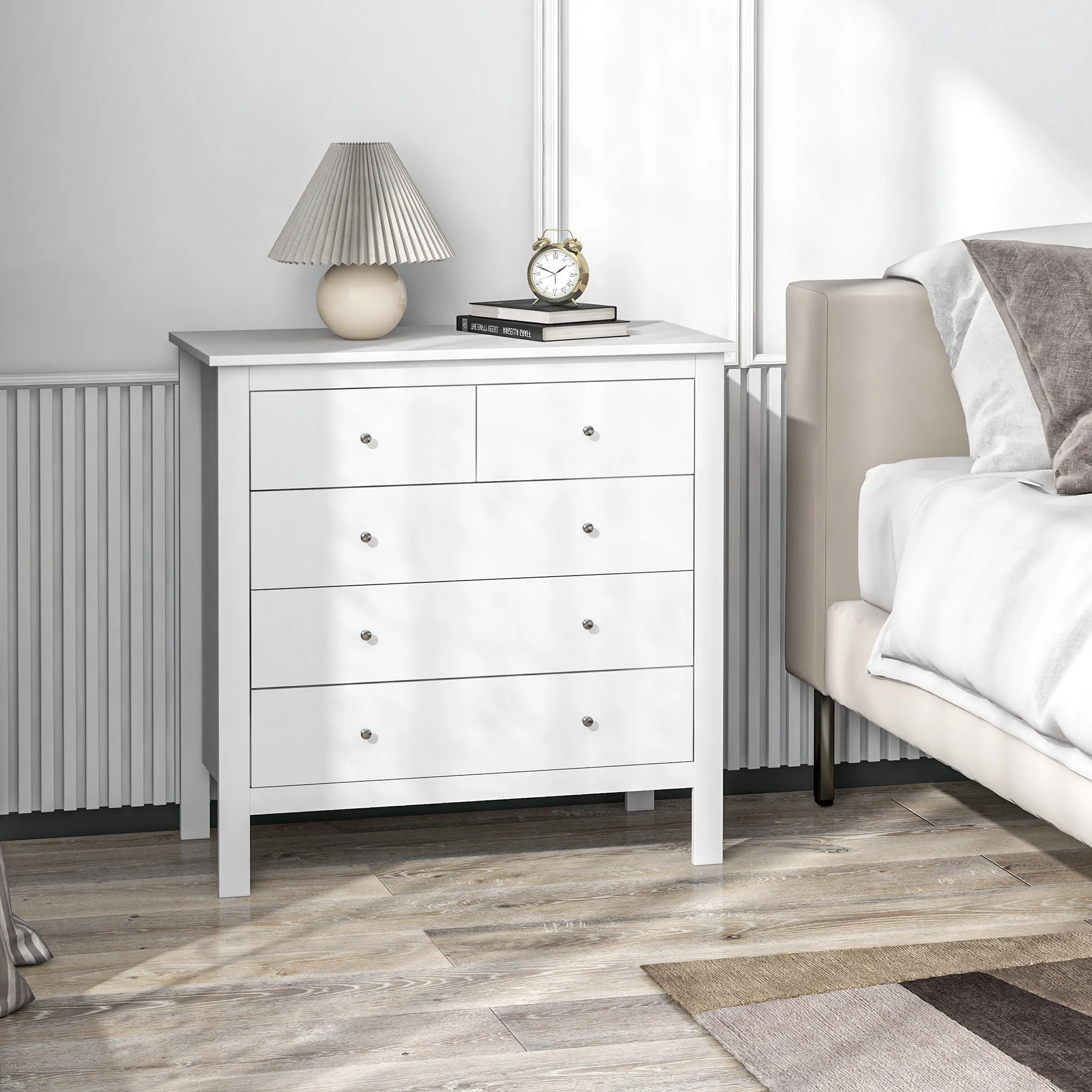 5 Drawer Chest of Drawers for Bedroom and Living Room in White Wood, 79x39.5x80.5 cm - Image 2
