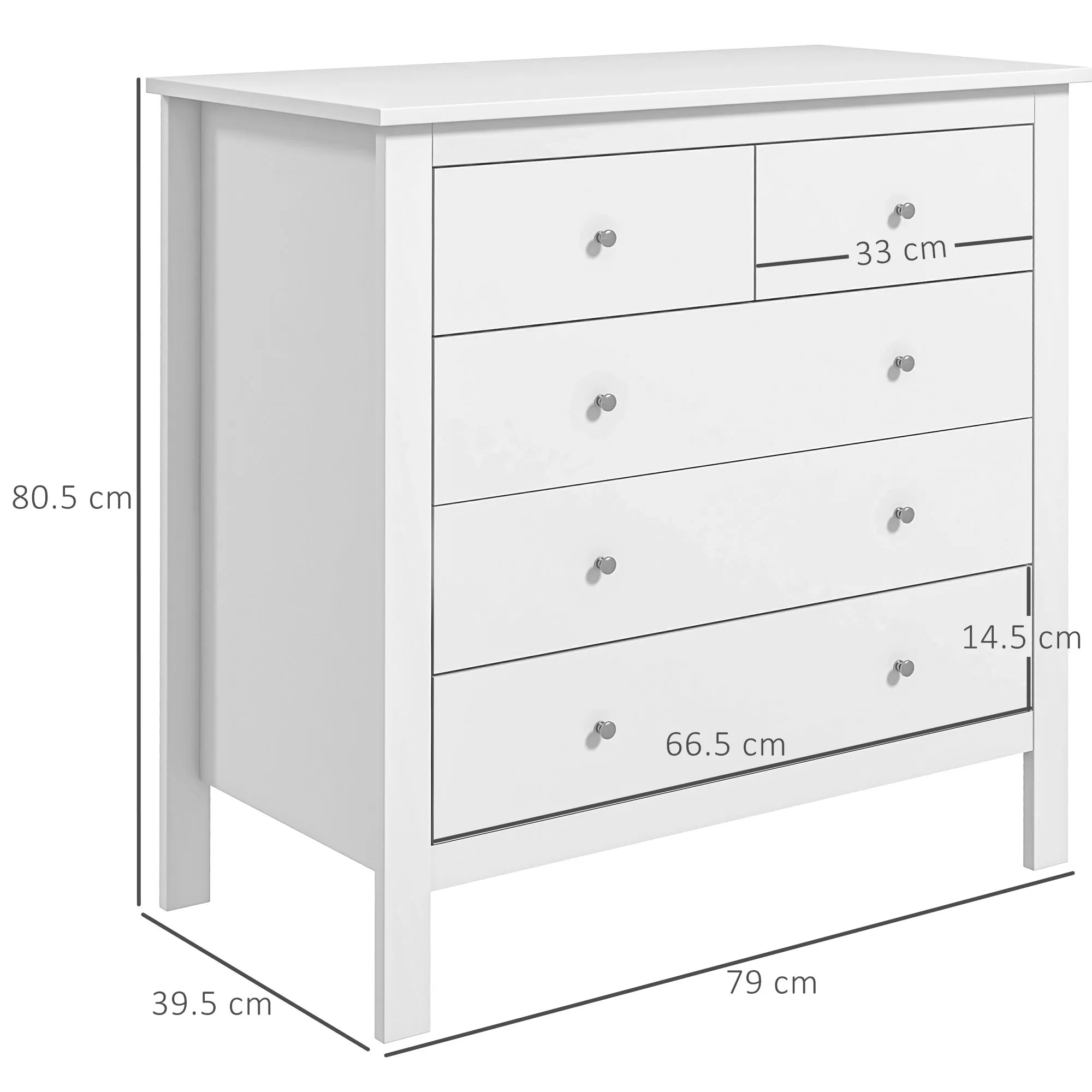 5 Drawer Chest of Drawers for Bedroom and Living Room in White Wood, 79x39.5x80.5 cm - Image 3