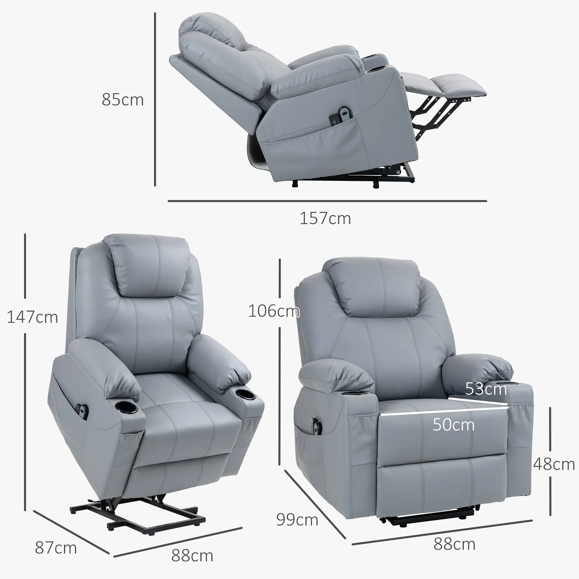 Lift Chair Reclining up to 135° with 8 Massage Points, Remote Control and Footrest, 88x99x106 cm, Grey - Image 3