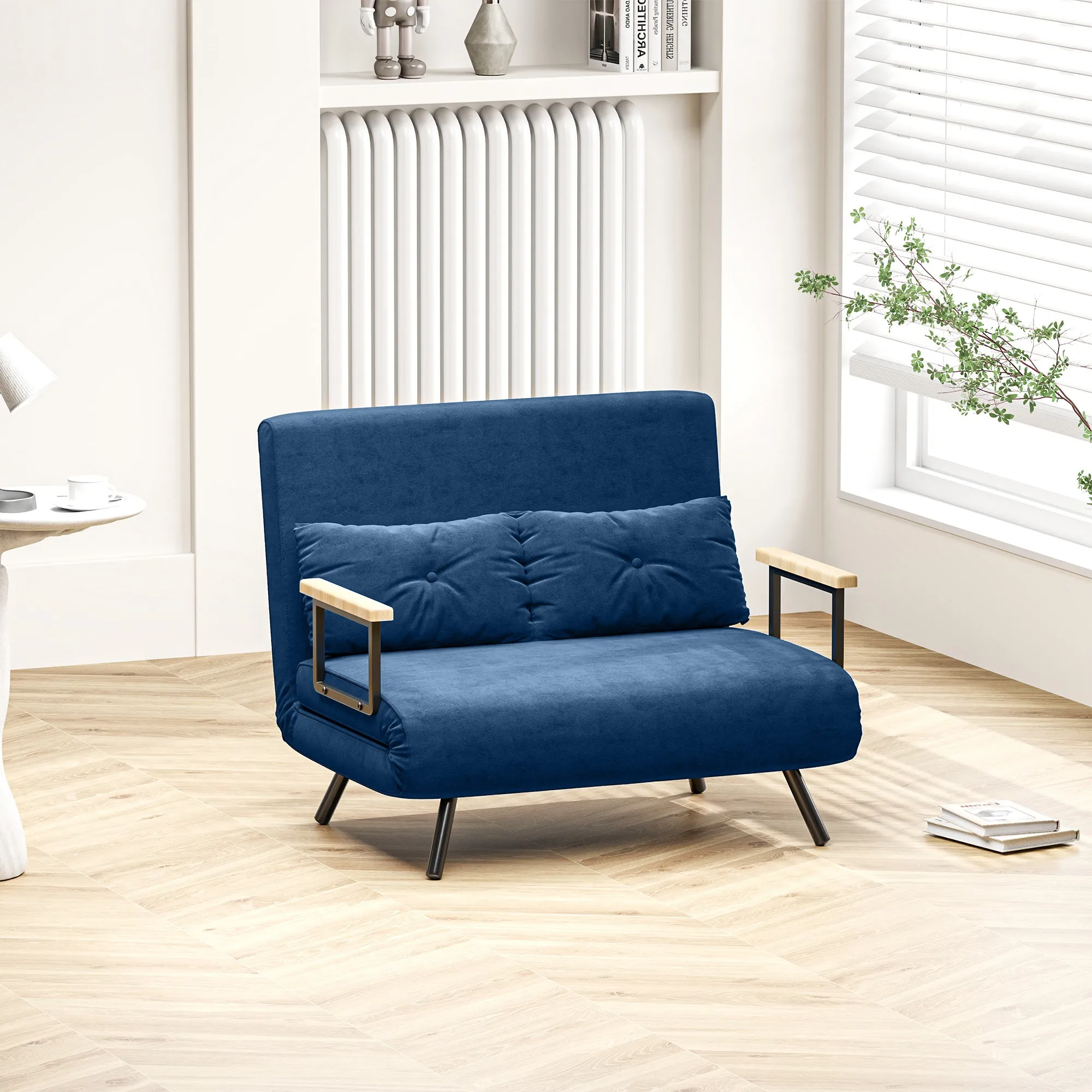 3 in 1 Velvet Fabric Sofa Bed with Adjustable Backrest and 2 Cushions, 102x73x81 cm, Blue - Image 2