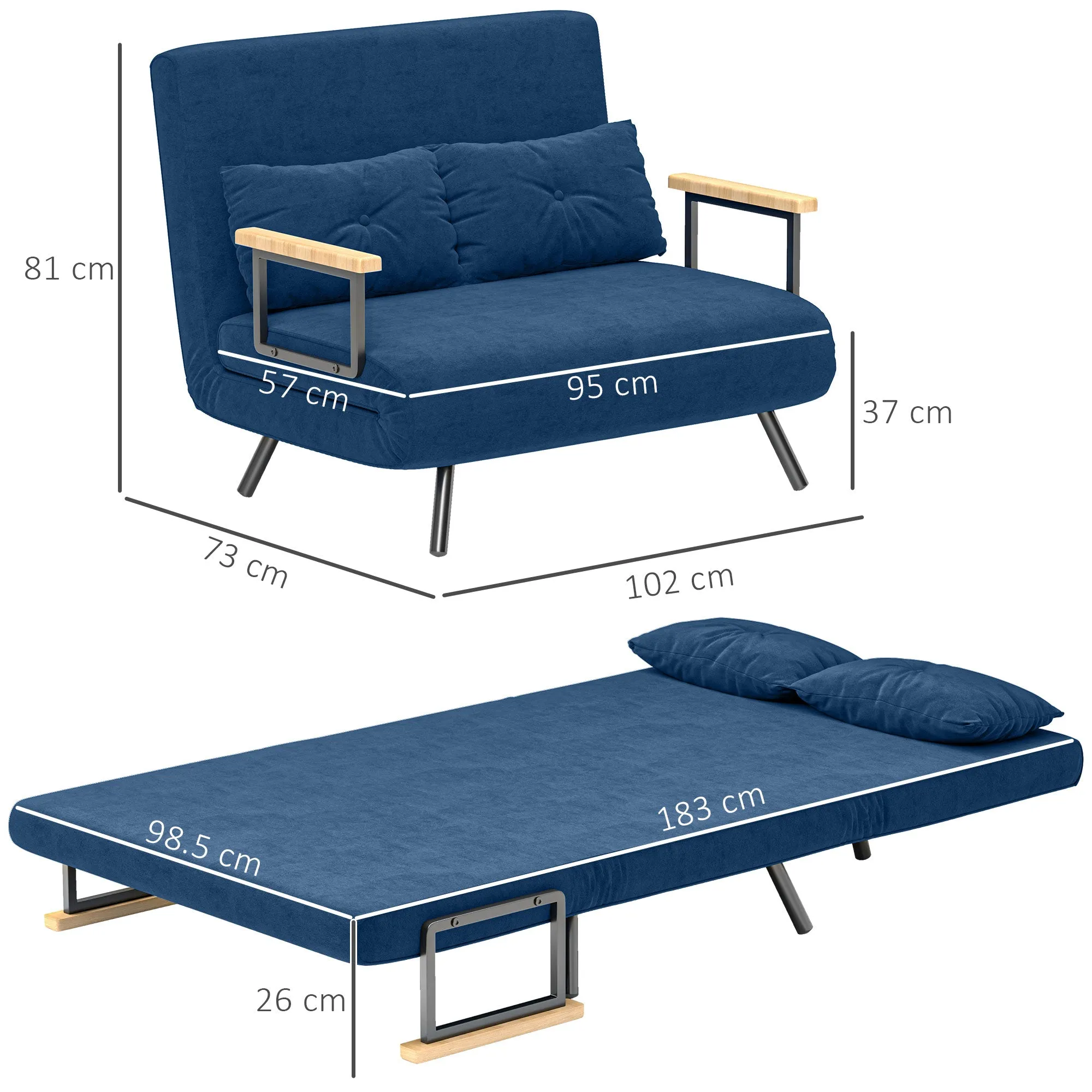 3 in 1 Velvet Fabric Sofa Bed with Adjustable Backrest and 2 Cushions, 102x73x81 cm, Blue - Image 3