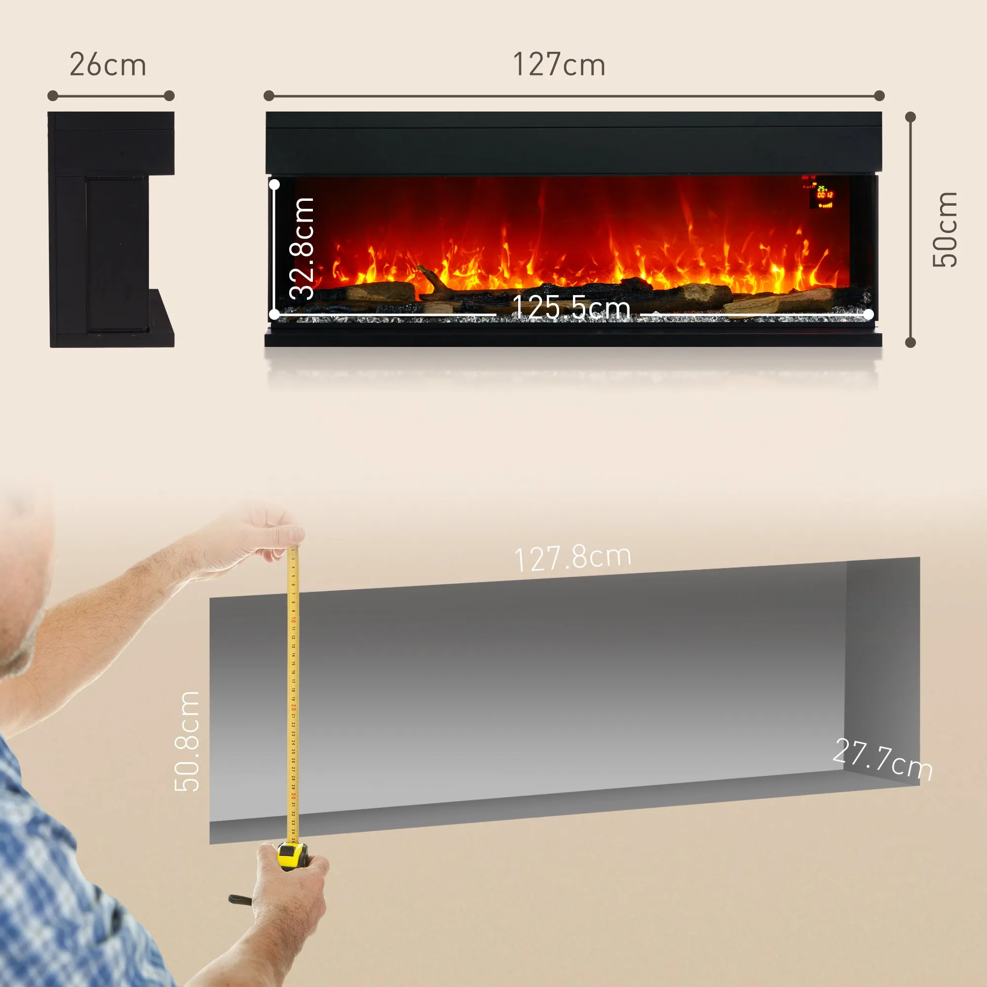 Built-in and Wall Electric Fireplace 1800W with Adjustable LED Colored Flames, Temperature up to 40°C, Black - Image 3