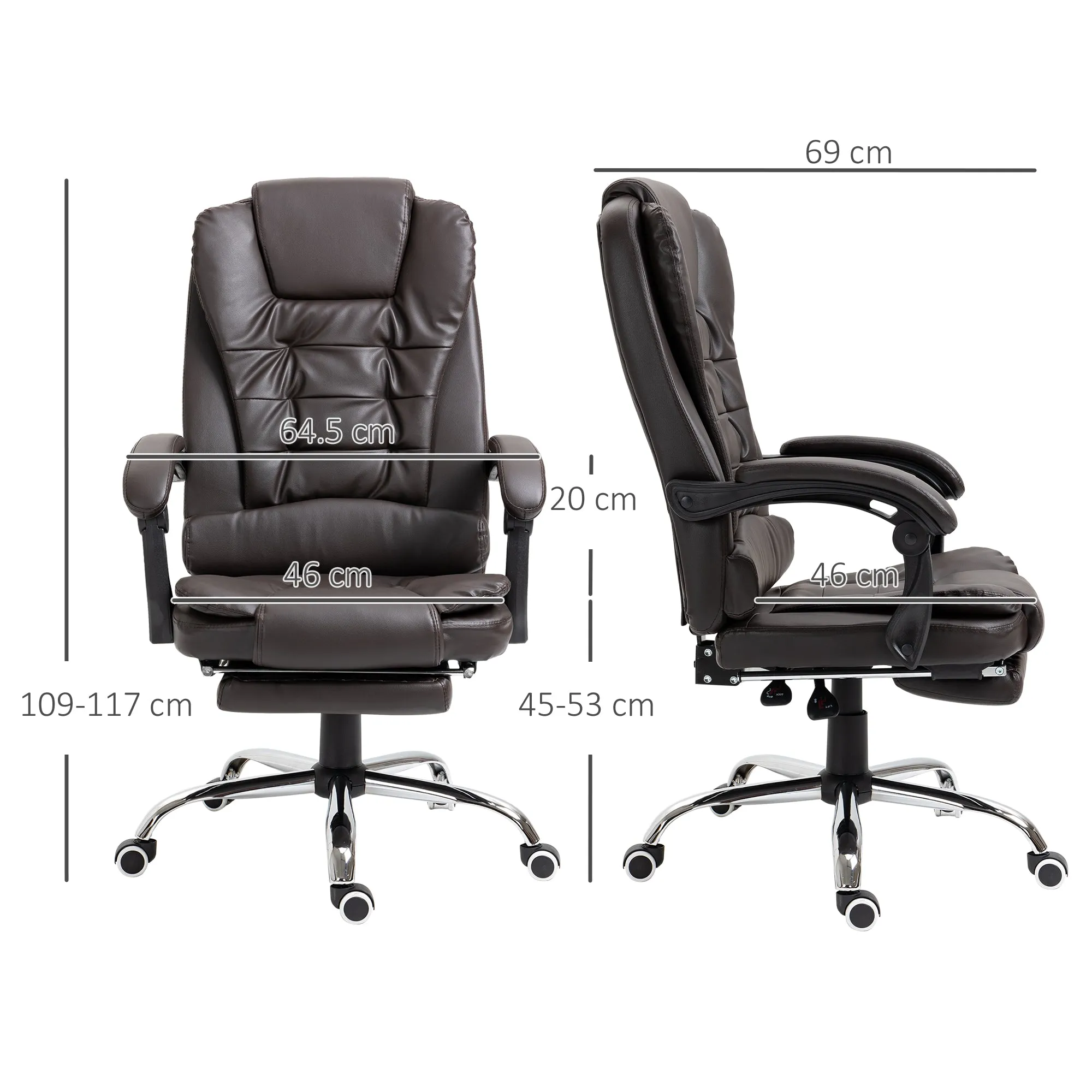 Presidential Style Reclining Office Chair with Footrest, 64.5x69x109-117 cm, Coffee - Image 3