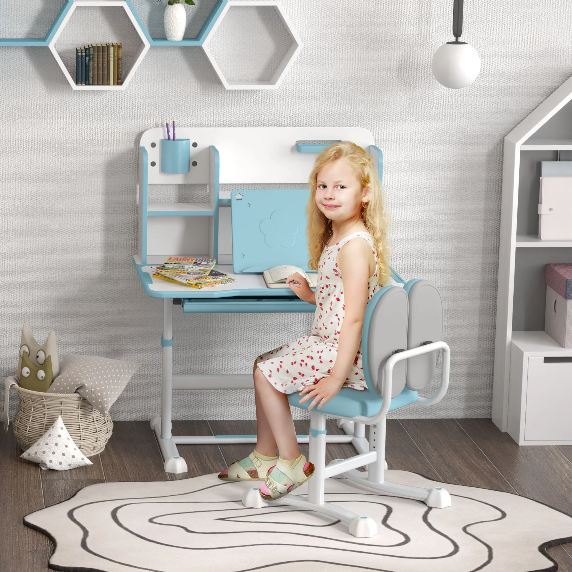 Adjustable Children's Desk and Chair Set, School Desk with Tiltable Top, Drawer, Shelf, Blue - Image 2