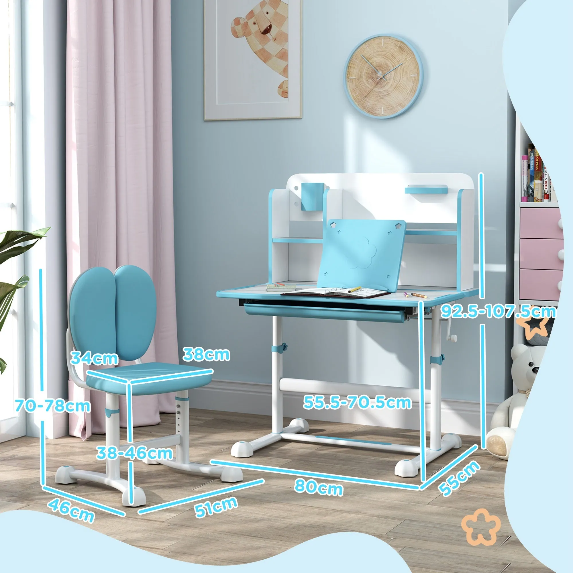 Adjustable Children's Desk and Chair Set, School Desk with Tiltable Top, Drawer, Shelf, Blue - Image 3