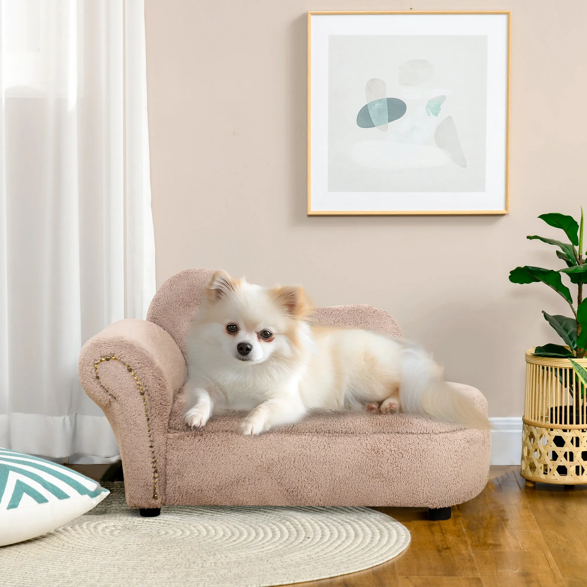 Raised Dog Sofa with Retractable Storage Space, Wood and Velvet Fabric, 80x40x46 cm, Beige - Image 2