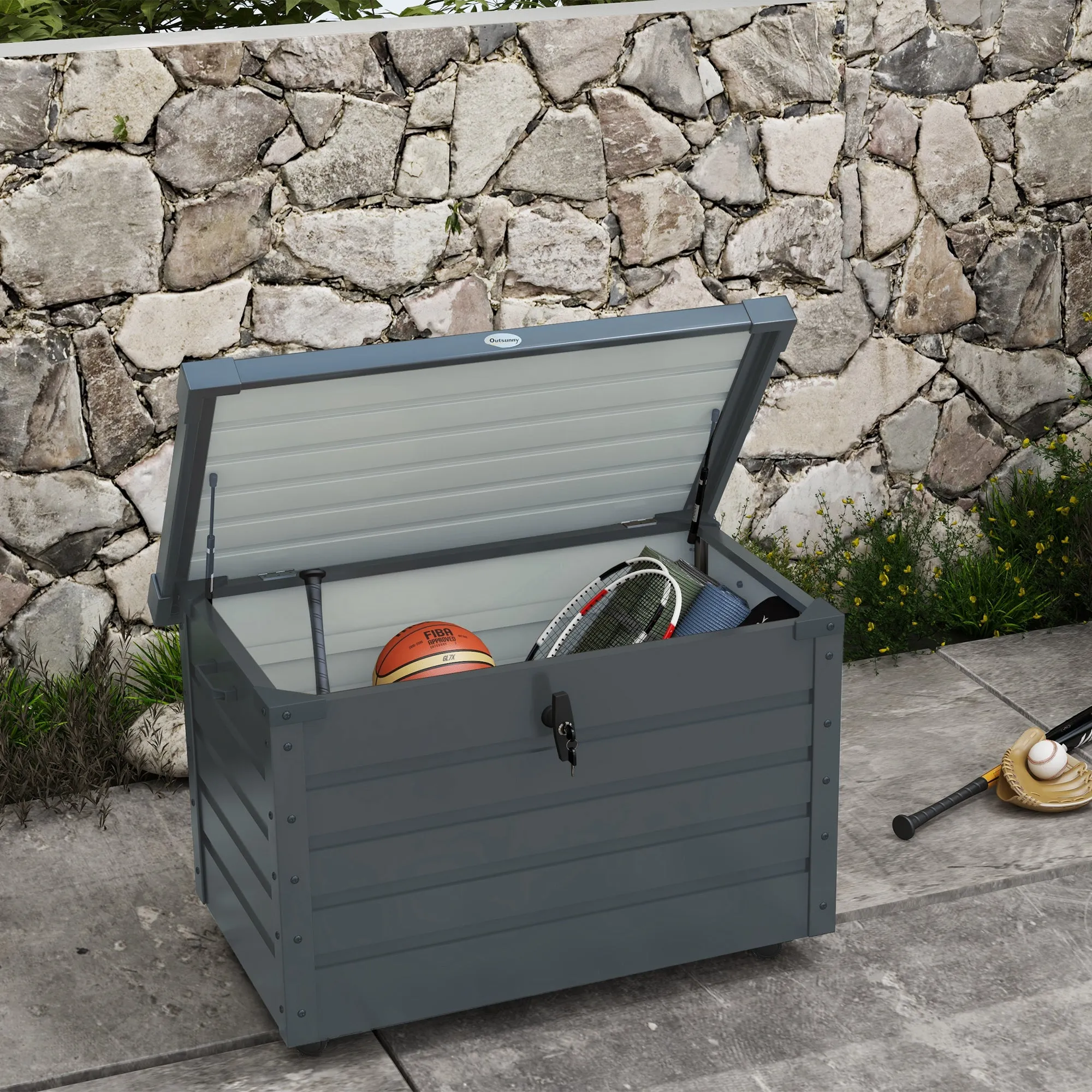 Outdoor Trunk 295L with Lock and 2 Handles, in Galvanized Steel, 120x62x66 cm, Dark Gray - Image 2