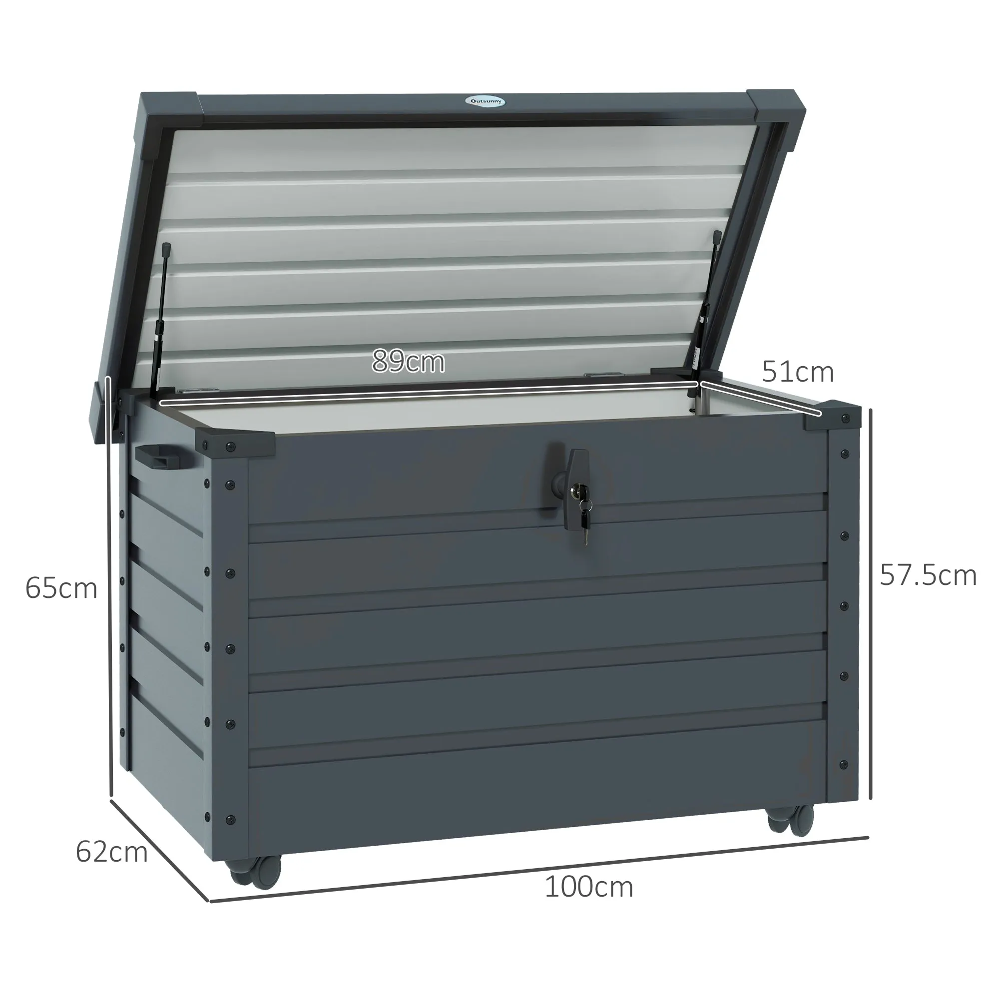 Outdoor Trunk 295L with Lock and 2 Handles, in Galvanized Steel, 120x62x66 cm, Dark Gray - Image 3