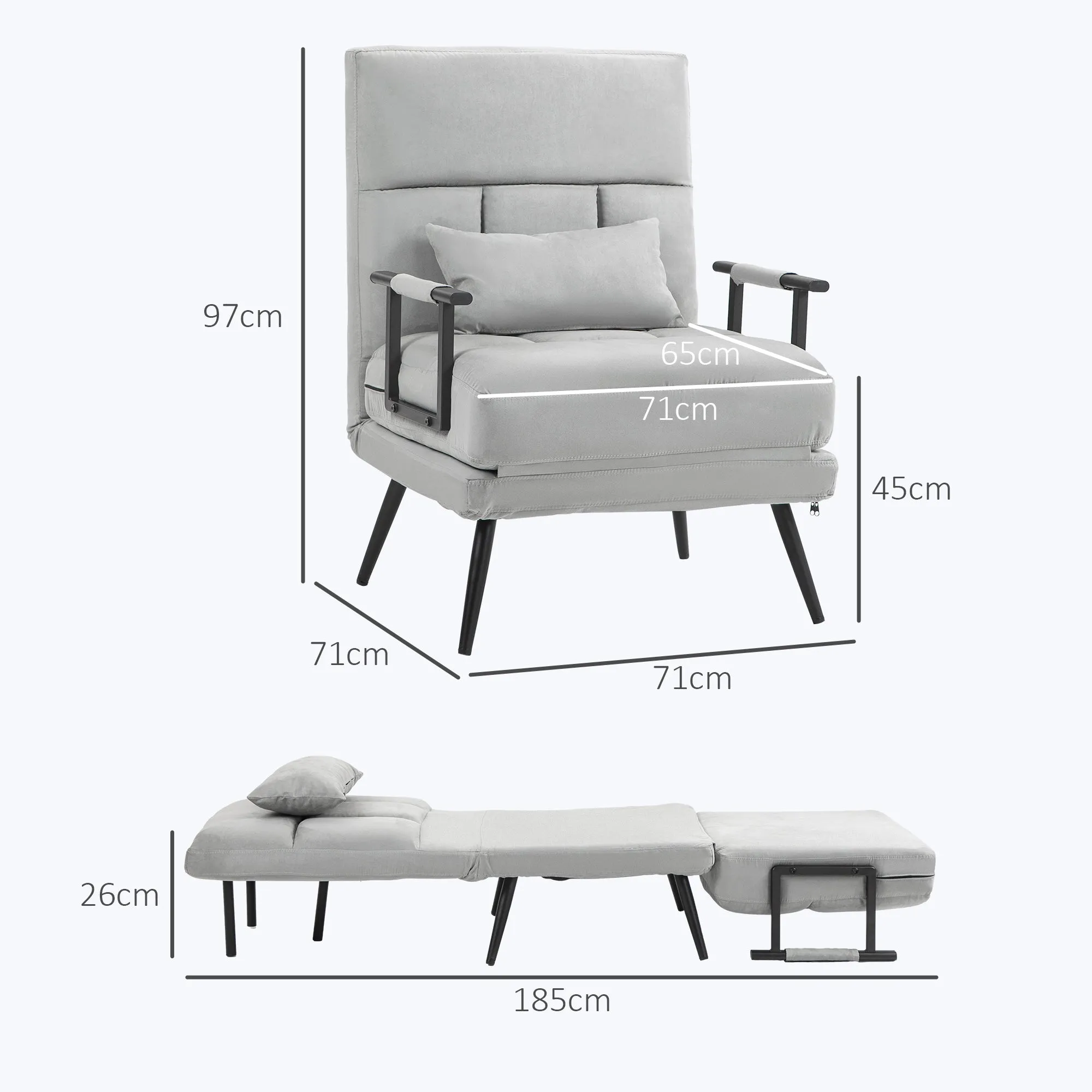 3 in 1 Sofa Bed with Cushion Included, Steel and Polyester, 71x71x97 cm, Light Grey - Image 3