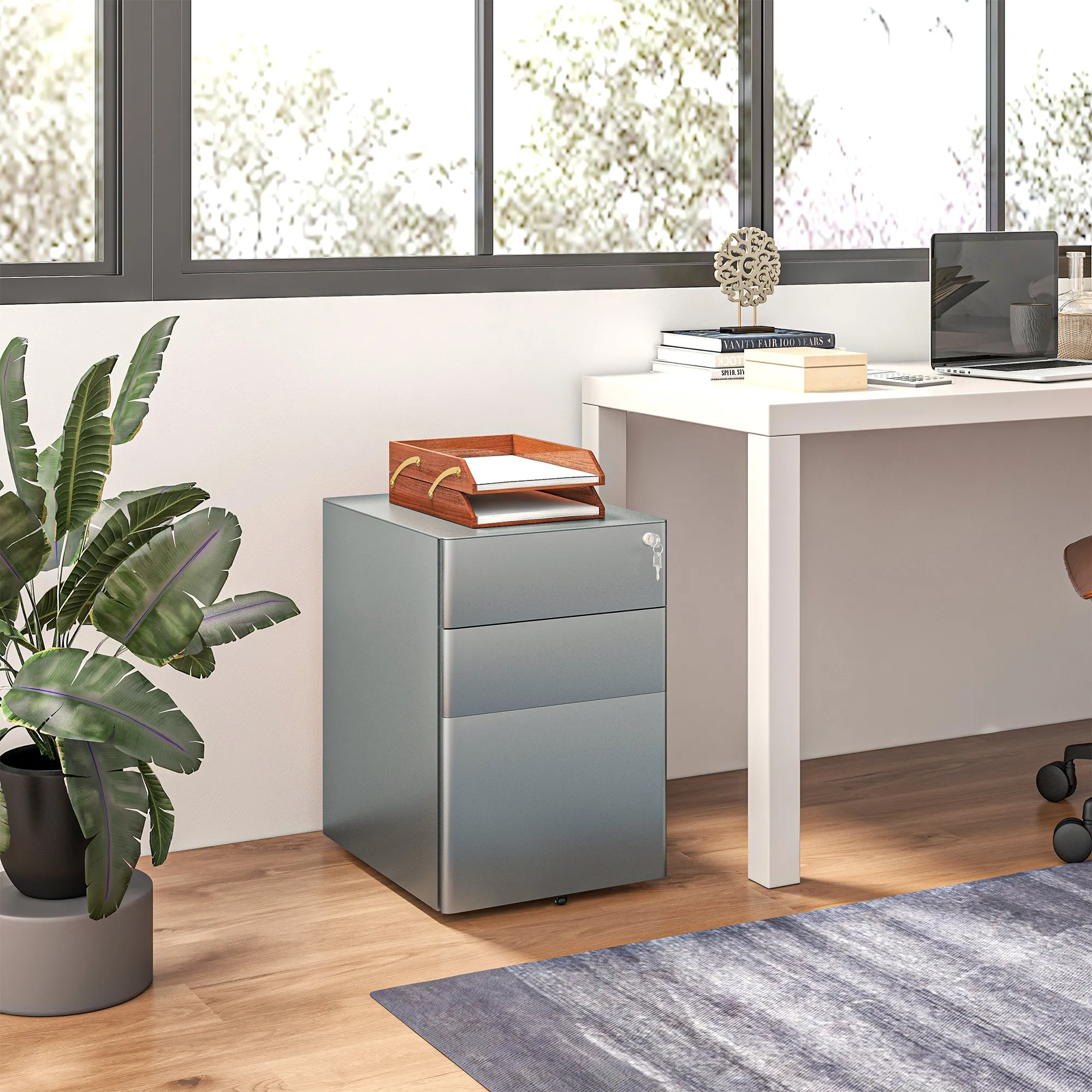Office Drawer Unit 3 Steel Drawers with Lock and Wheels, 39x48x59cm, Grey - Image 2