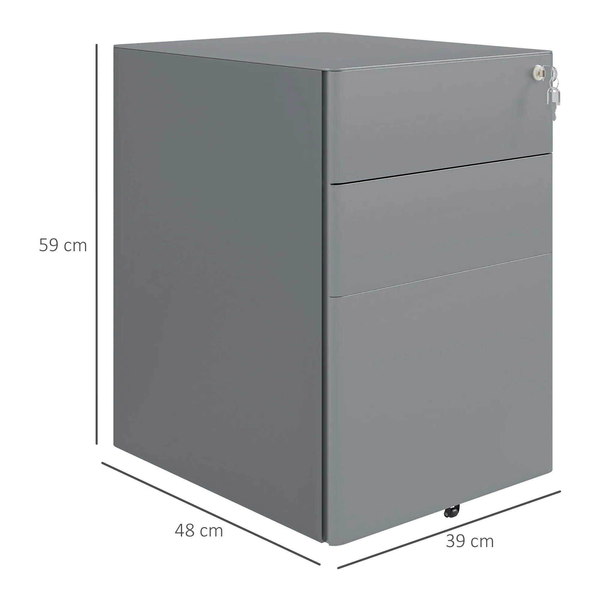 Office Drawer Unit 3 Steel Drawers with Lock and Wheels, 39x48x59cm, Grey - Image 3