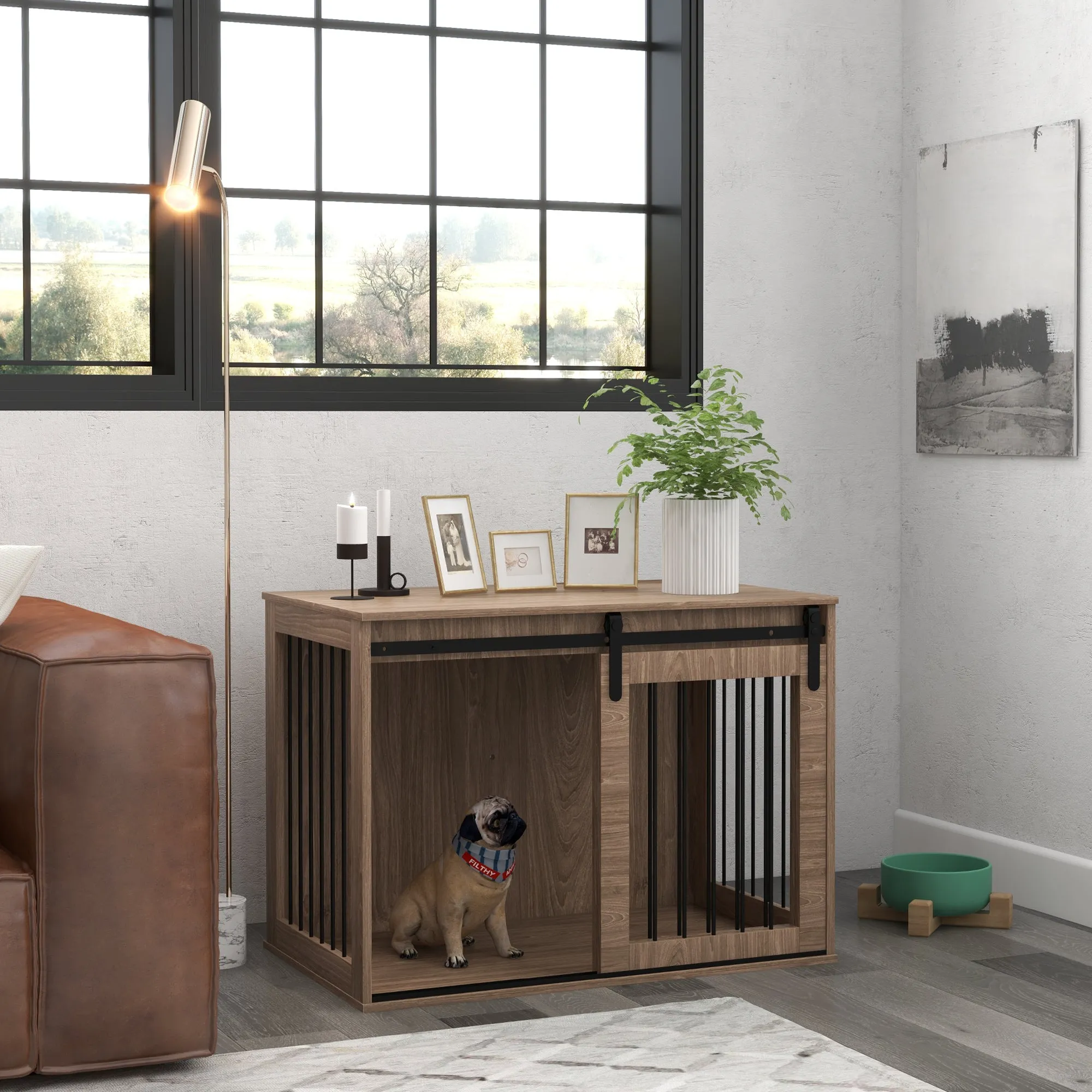 Large Dog House with Sliding Door for Indoor Wooden, 98x58x61cm, Brown - Image 2