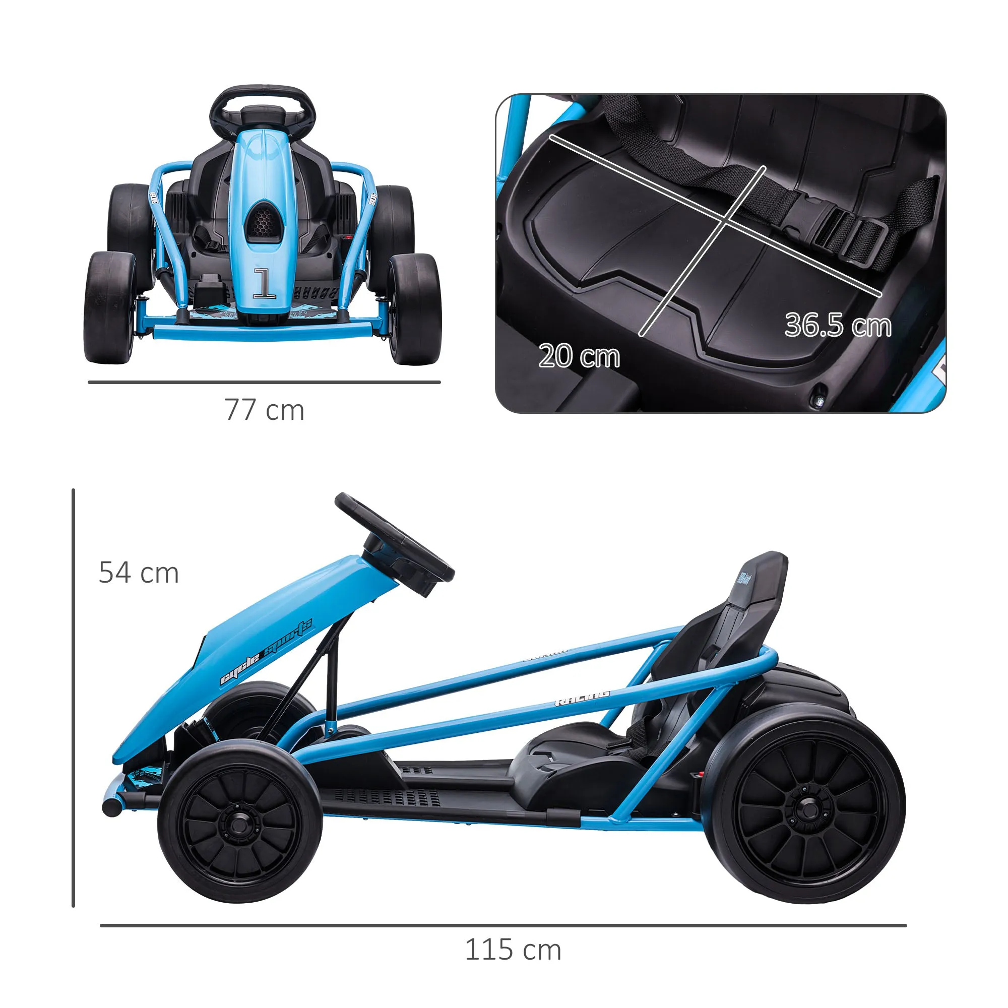 Electric Go-Kart for Children 8-12 Years with High Backrest and Safety Belt, 115x77x54 cm, Blue and Black - Image 3