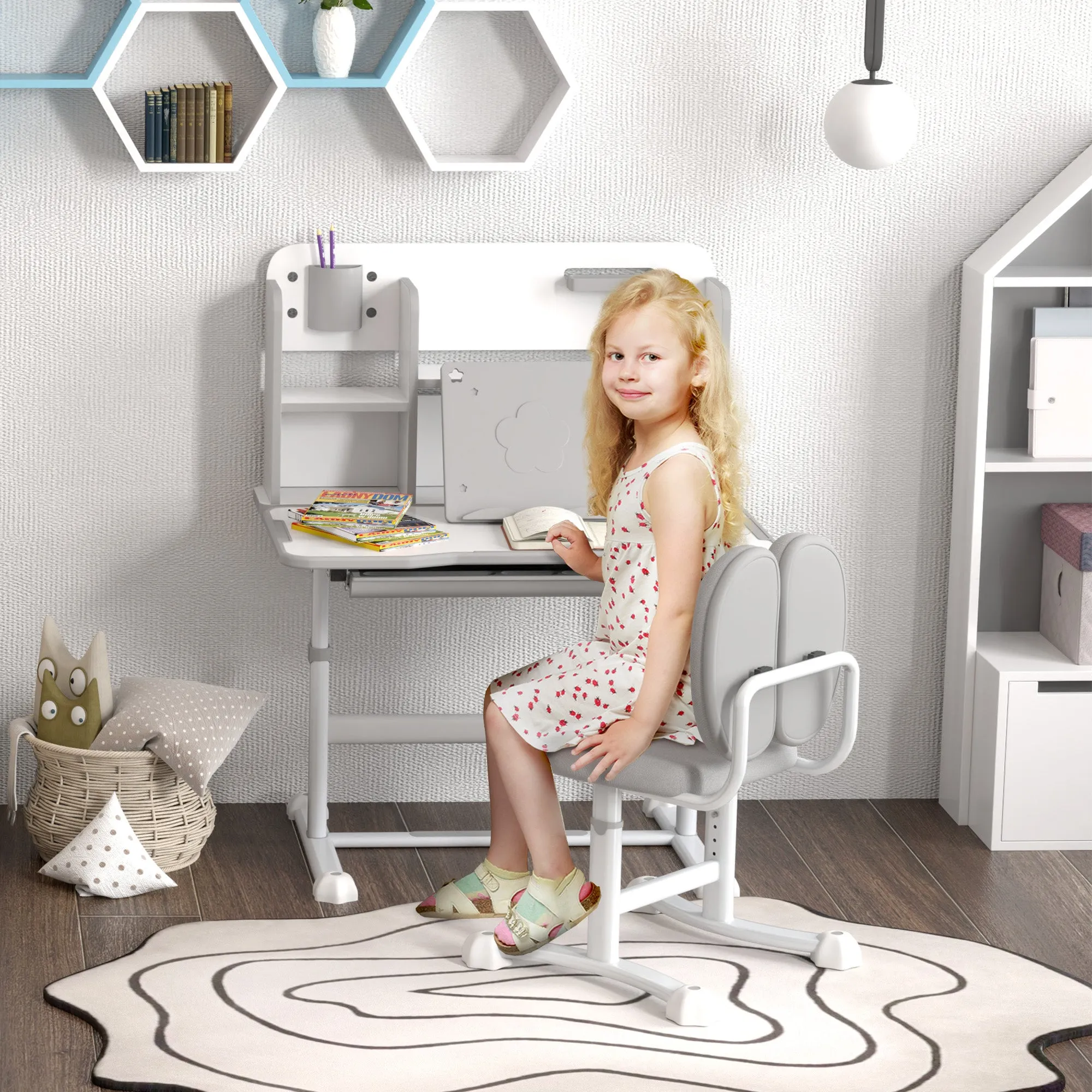 Adjustable Children's Desk and Chair Set, School Desk with Tiltable Top, Drawer, Shelf, Grey - Image 2