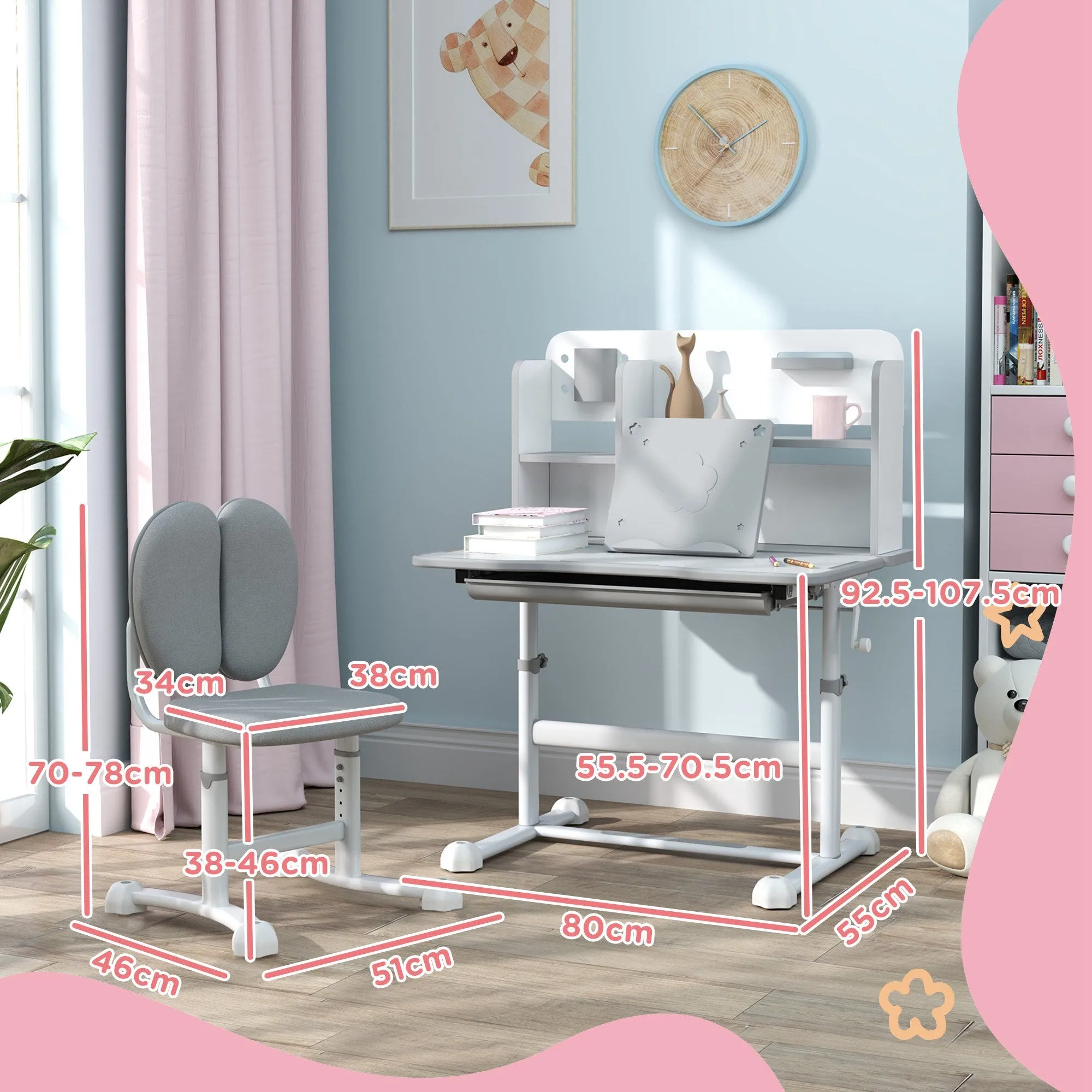 Adjustable Children's Desk and Chair Set, School Desk with Tiltable Top, Drawer, Shelf, Grey - Image 3