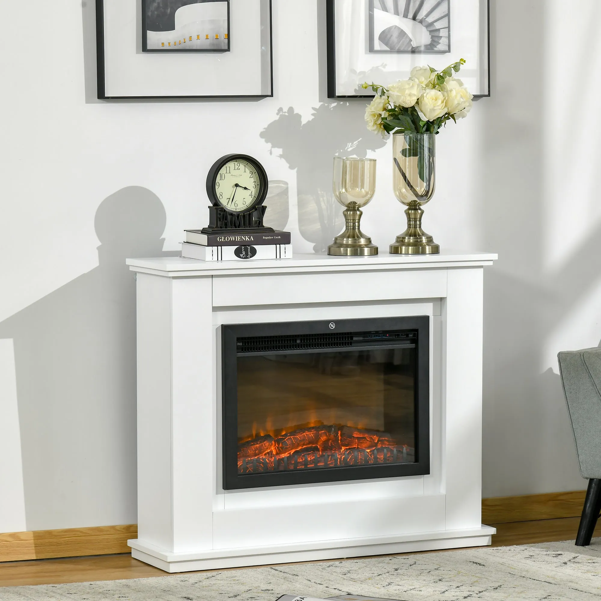 Electric Fireplace Realistic Flame Effect with White Wooden Frame, Timer and Remote Control, 1000W and 2000W, 98x27. 5x80cm - Image 2