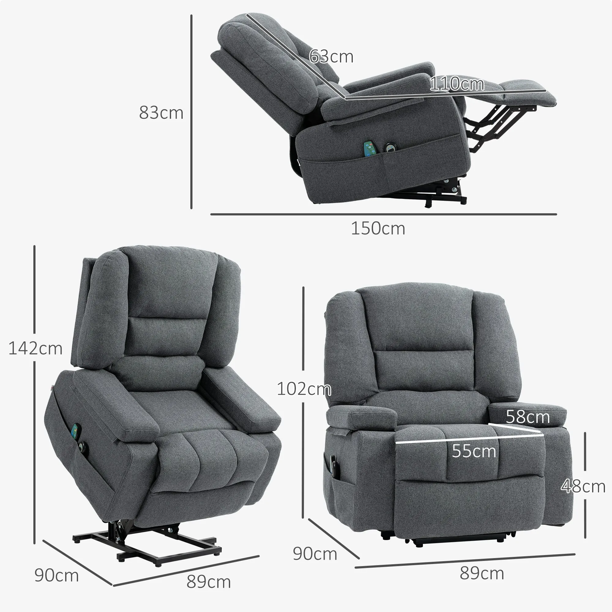 Lift Reclining Chair with 8 Massage Points, in Linen Effect Fabric, 97x90x102 cm, Grey - Image 3