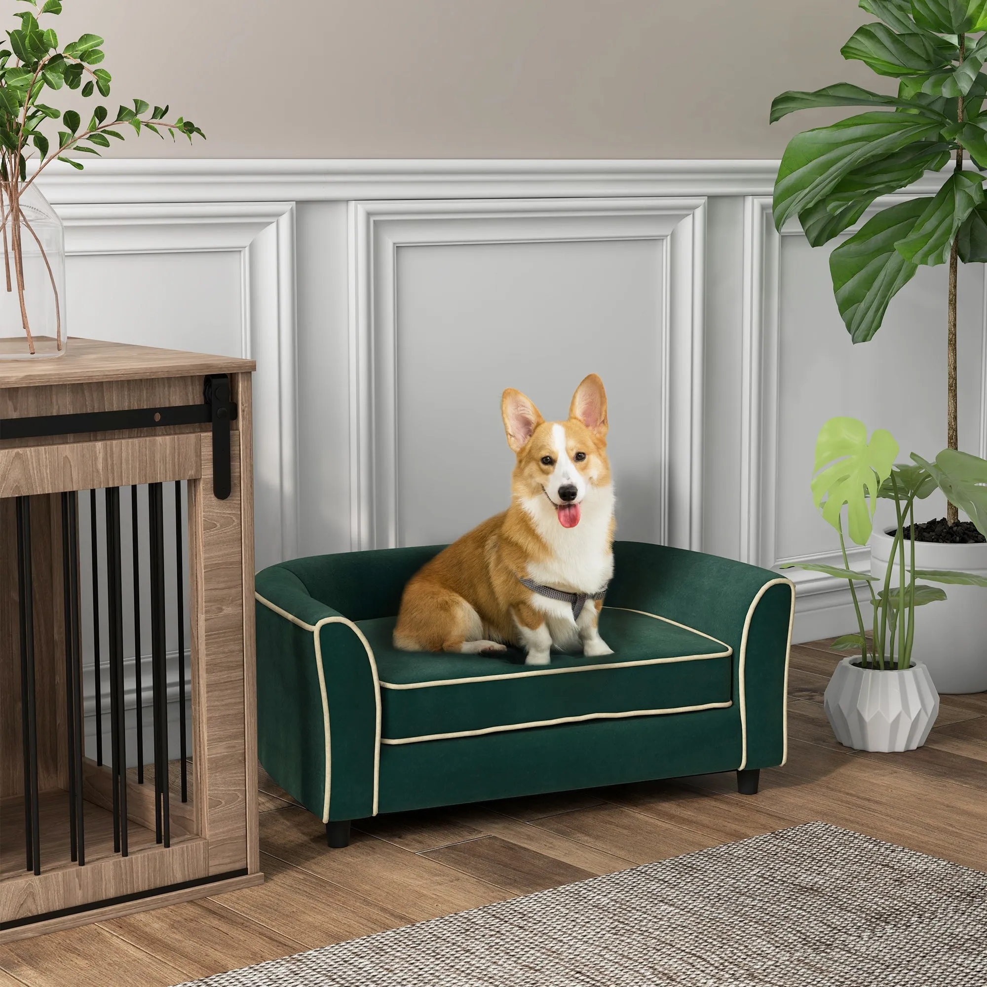 Sofa for Small and Medium Size Dogs with Cushion, in Velvet and Wood Effect Fabric, 79x56x35 cm, Dark Green - Image 2