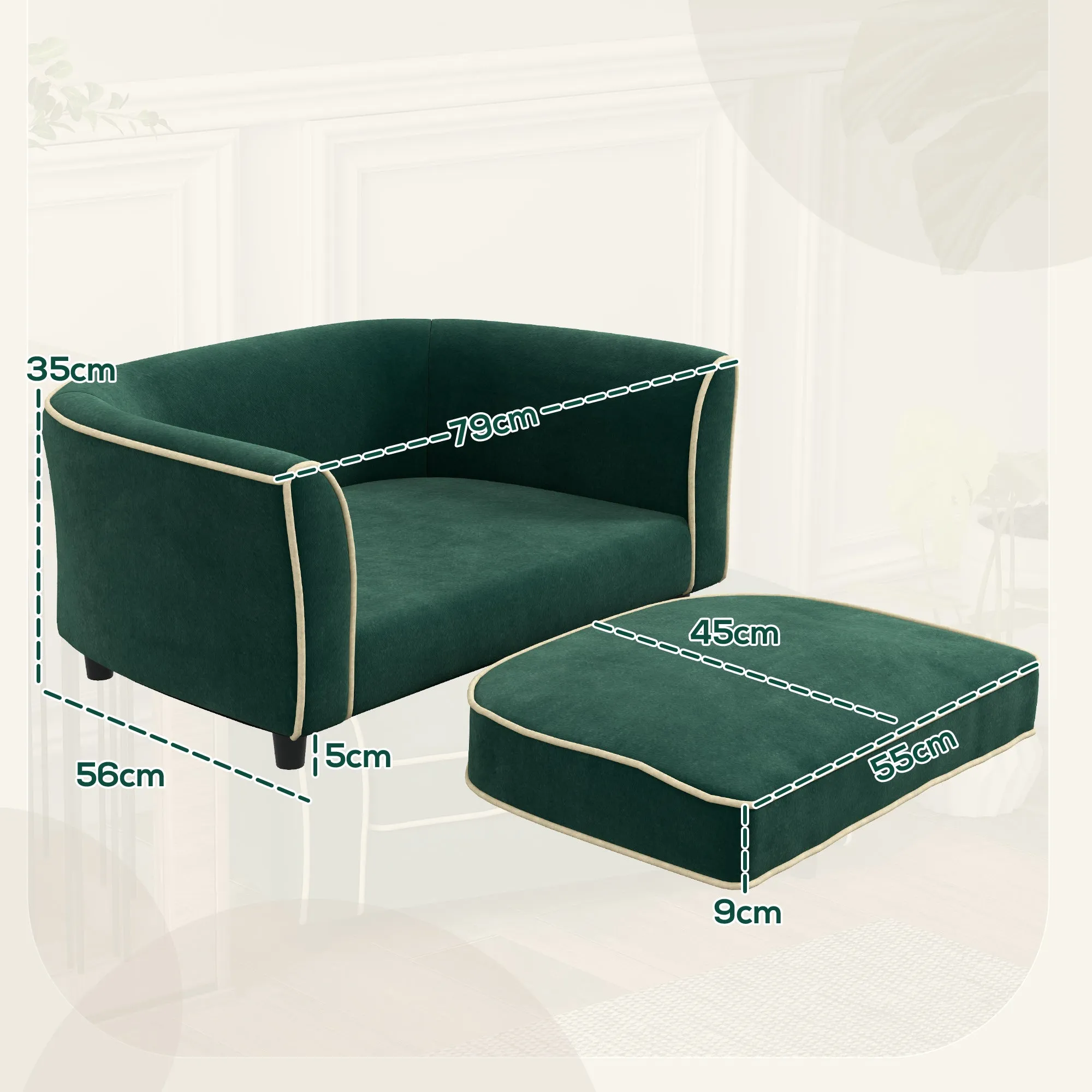 Sofa for Small and Medium Size Dogs with Cushion, in Velvet and Wood Effect Fabric, 79x56x35 cm, Dark Green - Image 3
