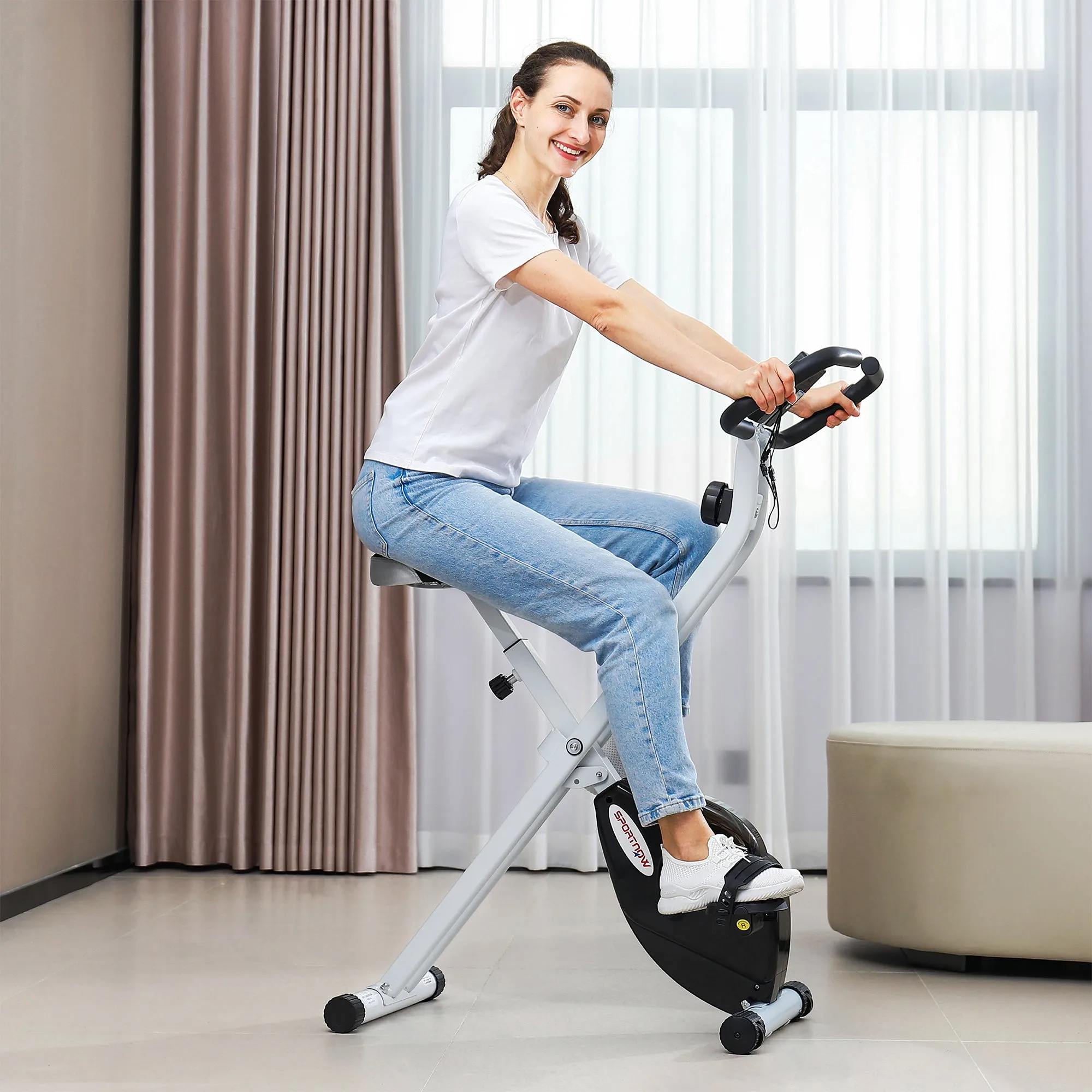 Folding Magnetic Exercise Bike, 8 Levels, LCD Display, Adjustable Wheels and Seat, Black - Image 2