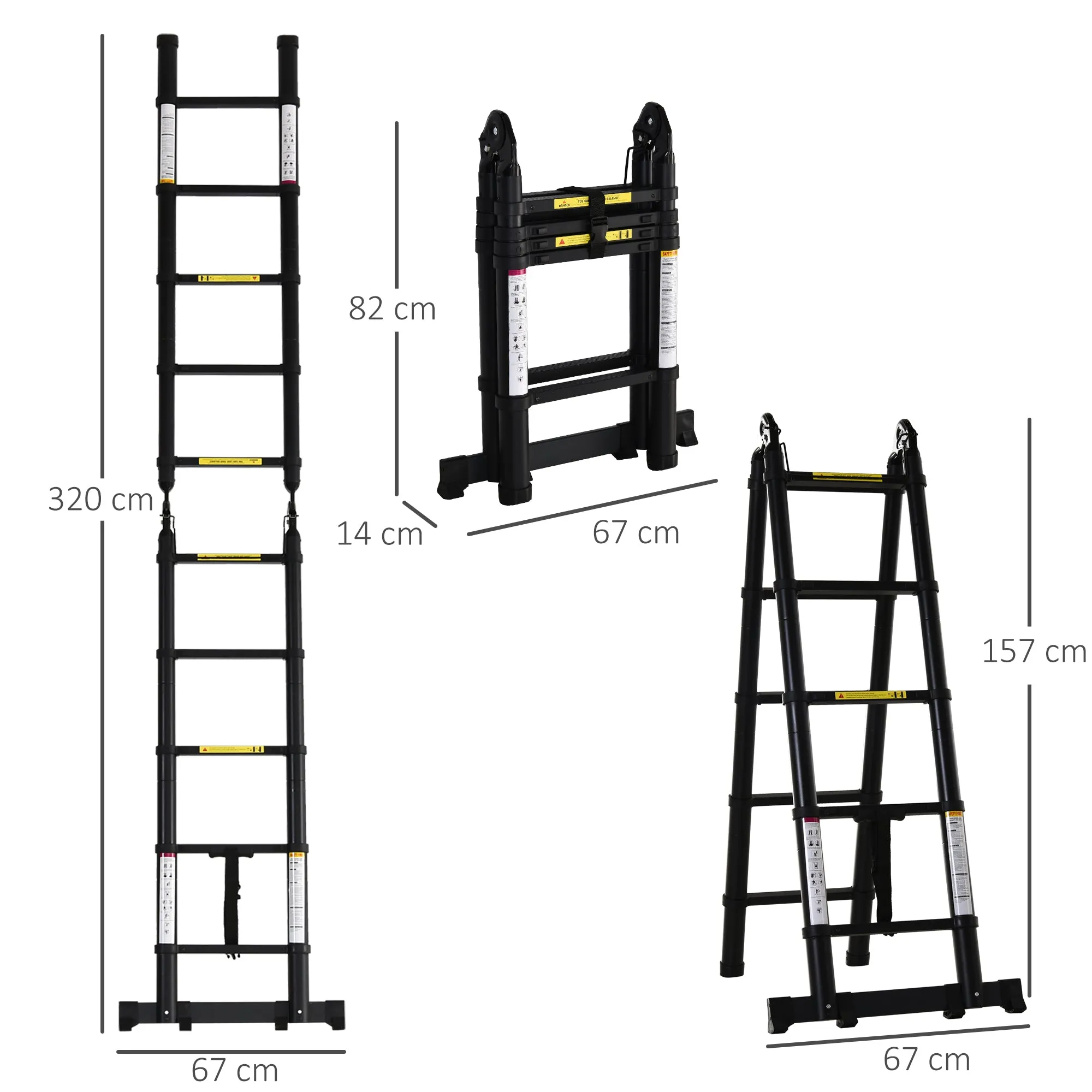 10 Step Folding Telescopic Ladder in Aluminum and Metal for Indoor and Outdoor Use, 320x67x7 cm, Black - Image 3