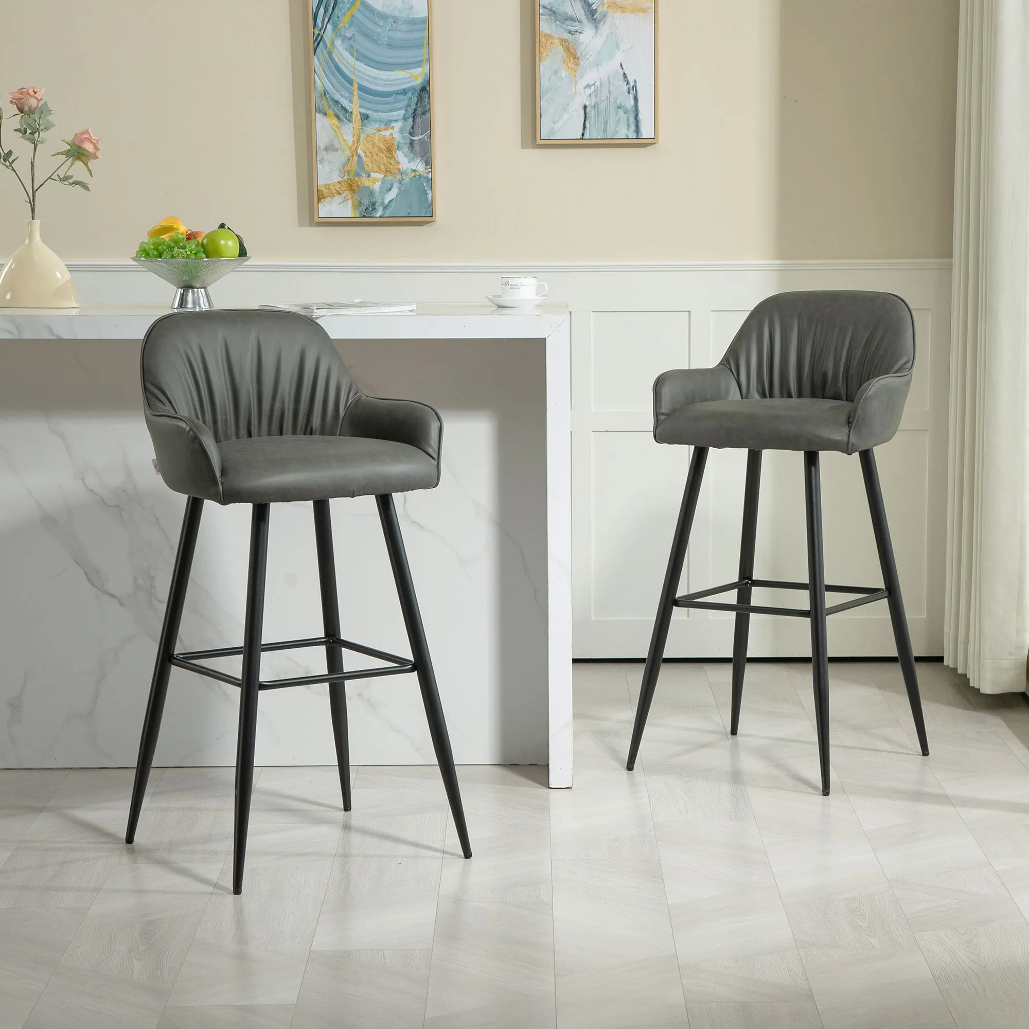 Set of 2 Modern Bar Stools with Footrest and Backrest, Faux Leather PU and Steel, Gray - Image 2