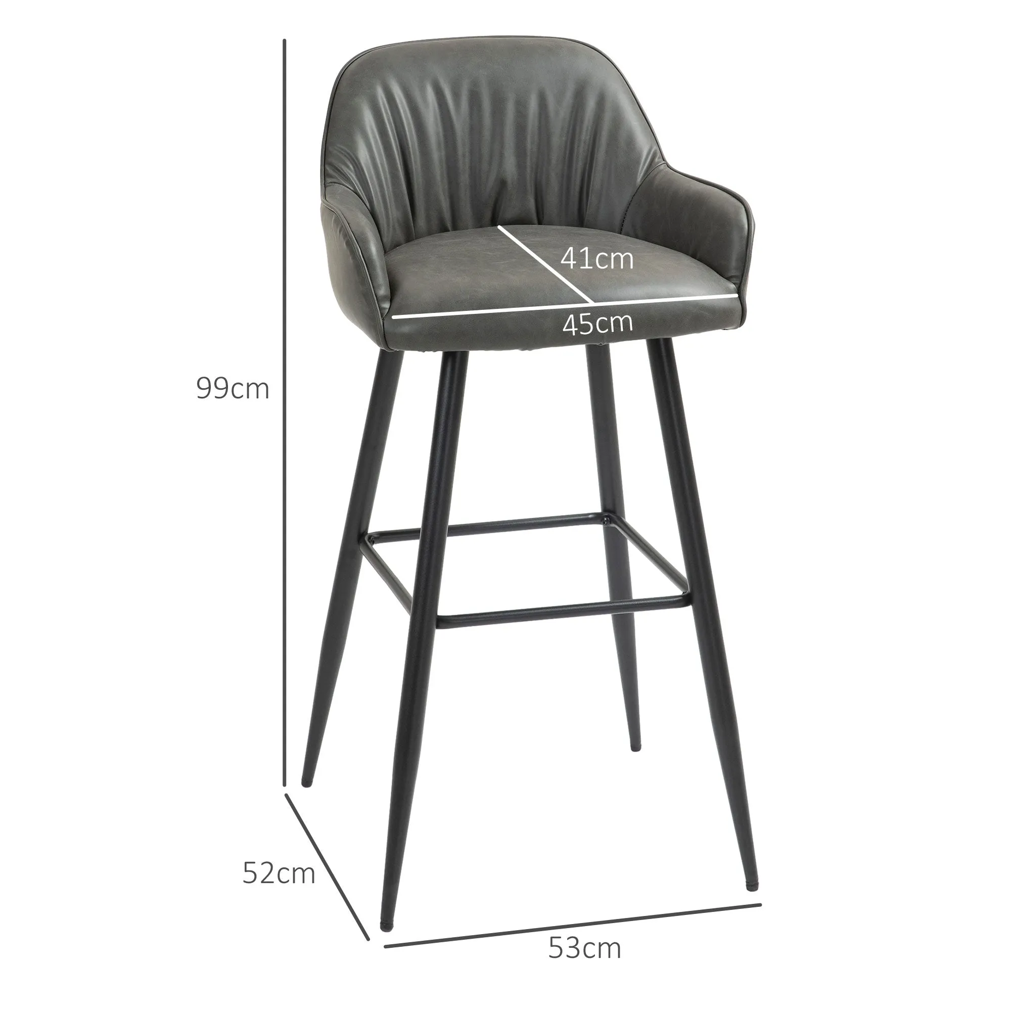 Set of 2 Modern Bar Stools with Footrest and Backrest, Faux Leather PU and Steel, Gray - Image 3