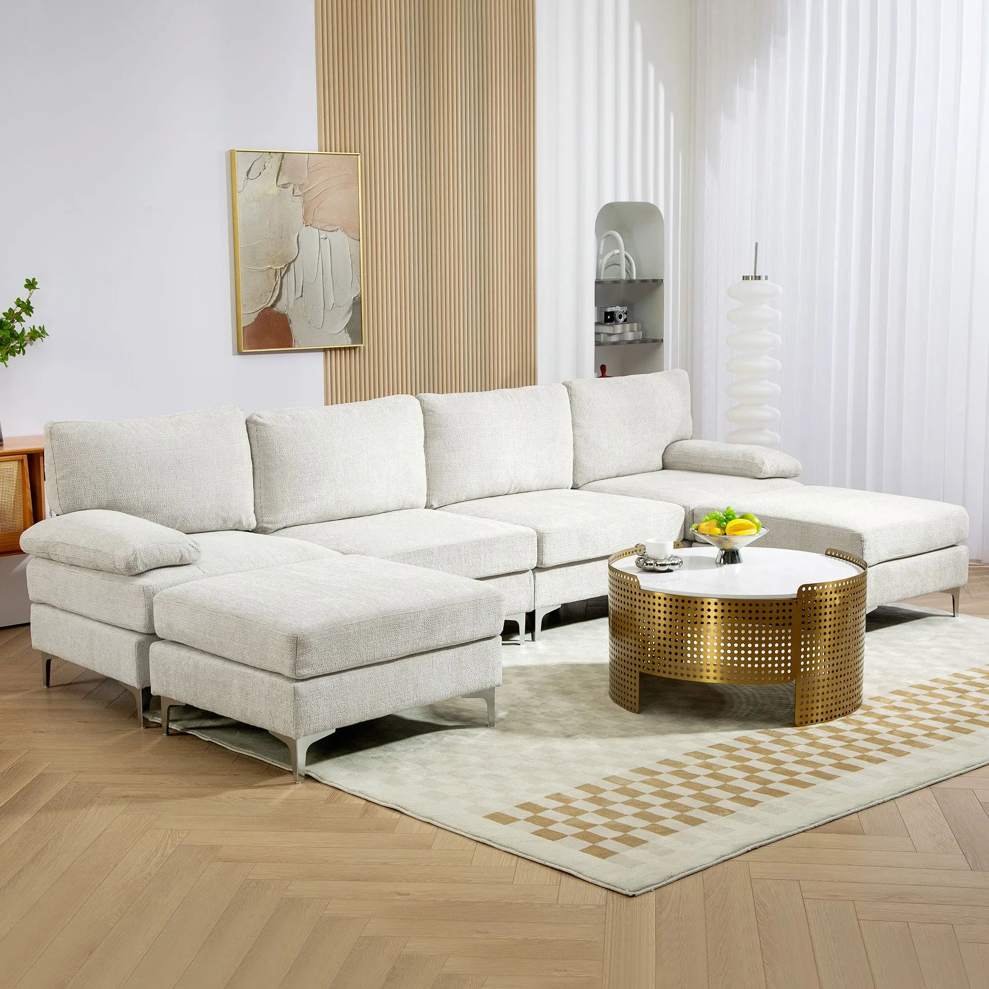 CHIARO | 4 Piece Modular Sofa with Footrest and Cushions, in Chenille Effect Fabric, 313x149x88 cm, Cream White - Image 2