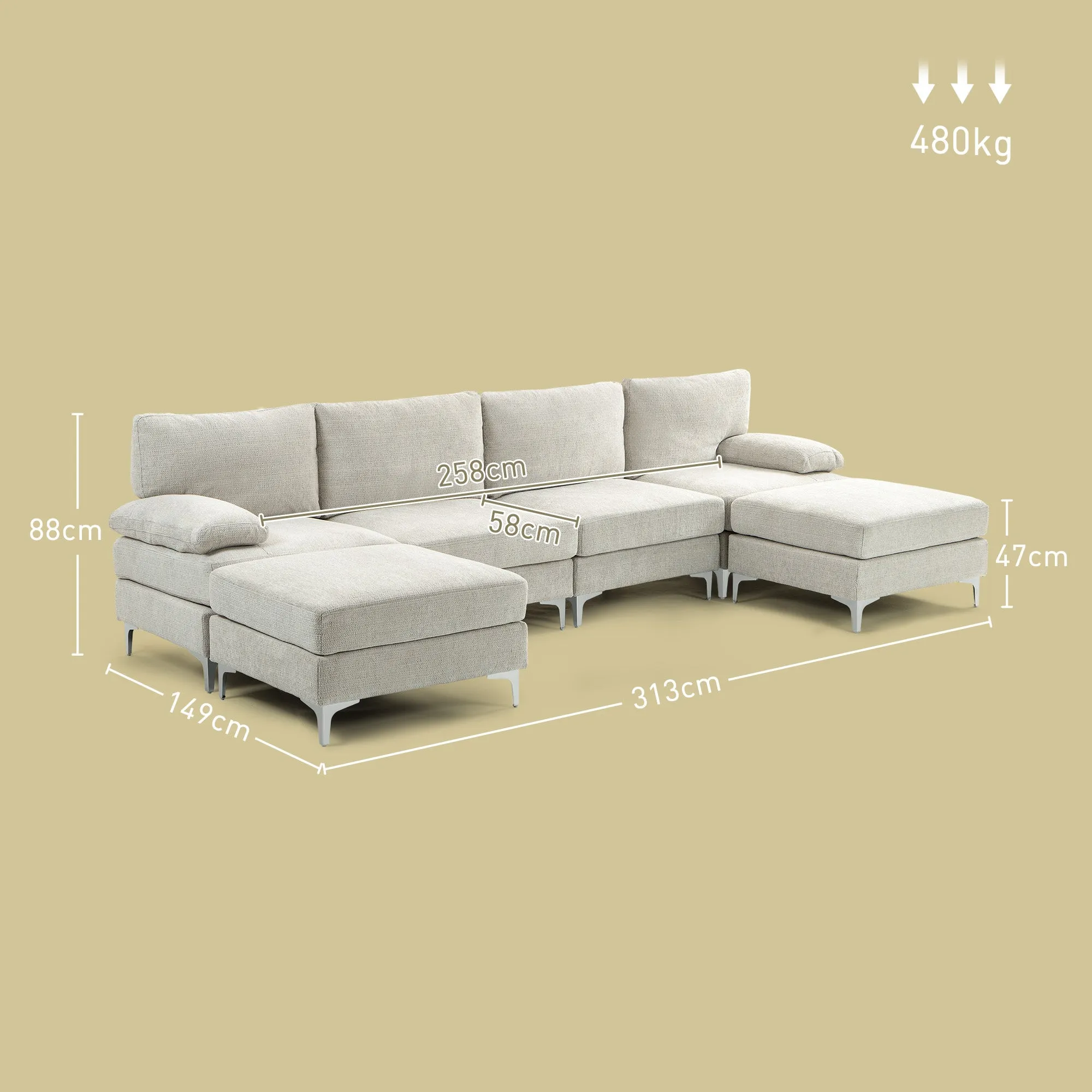 CHIARO | 4 Piece Modular Sofa with Footrest and Cushions, in Chenille Effect Fabric, 313x149x88 cm, Cream White - Image 3