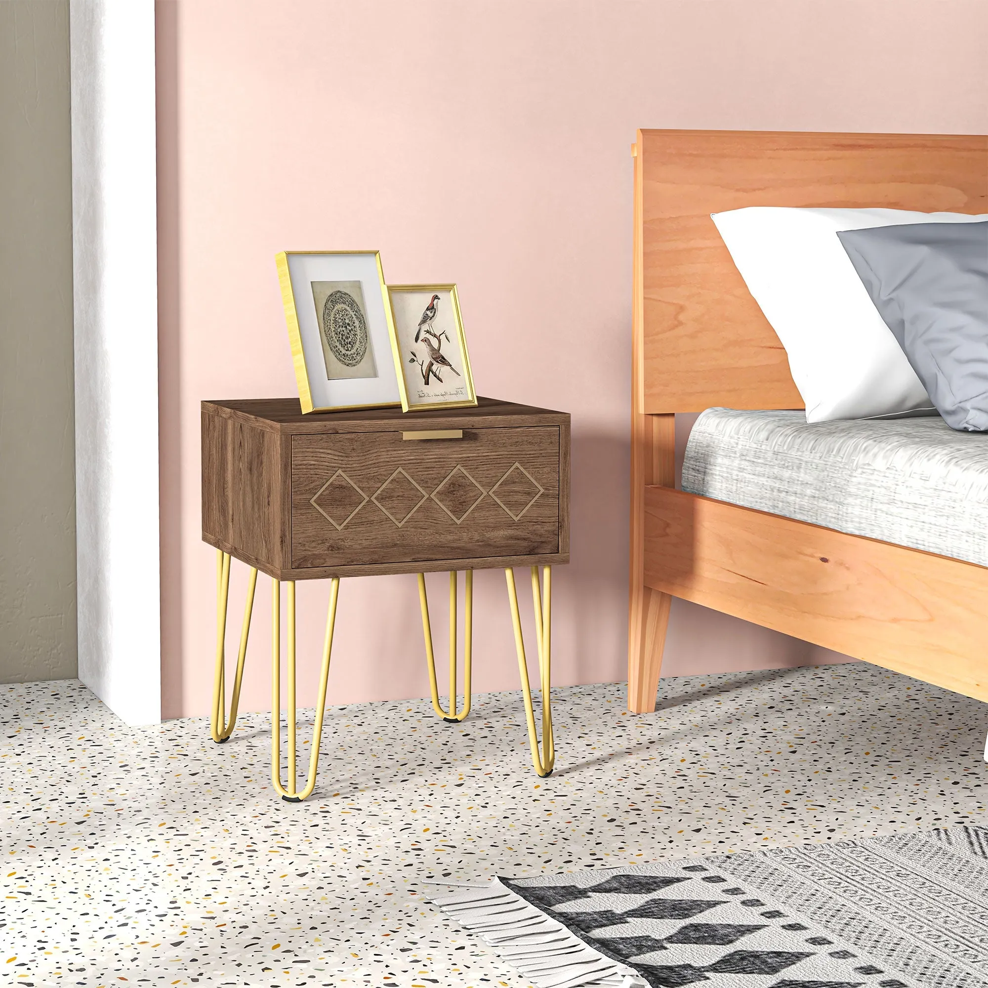Modern Bedside Tables Set of 2 Pieces in Chipboard and Steel with Drawer, 39.5x41x49 cm, Brown - Image 2