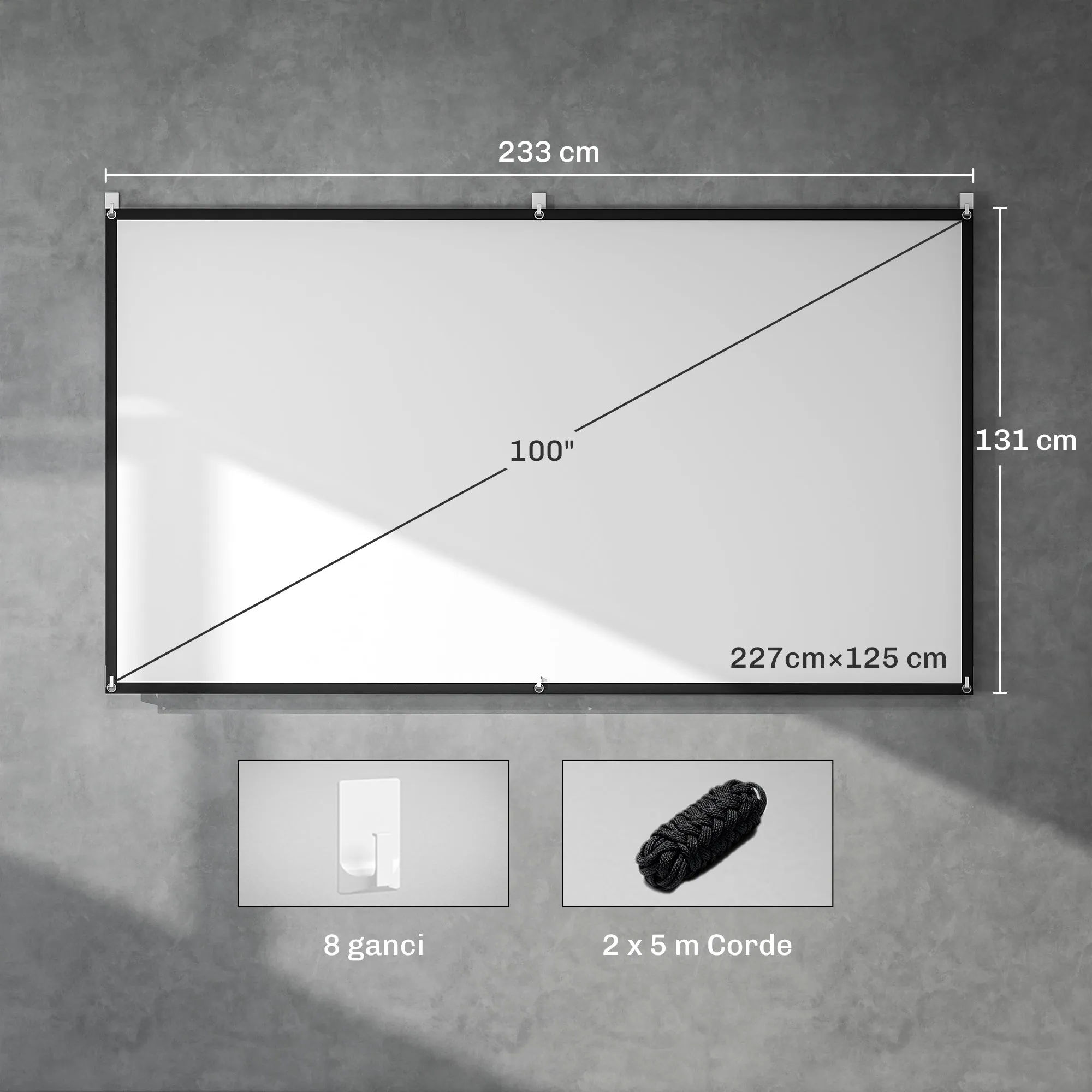HOMCOM 100" 16:9 HD 4K/8K Projector Screen, Foldable and Portable, Anti-Wrinkle and Washable, Double-Sided, White - Image 3