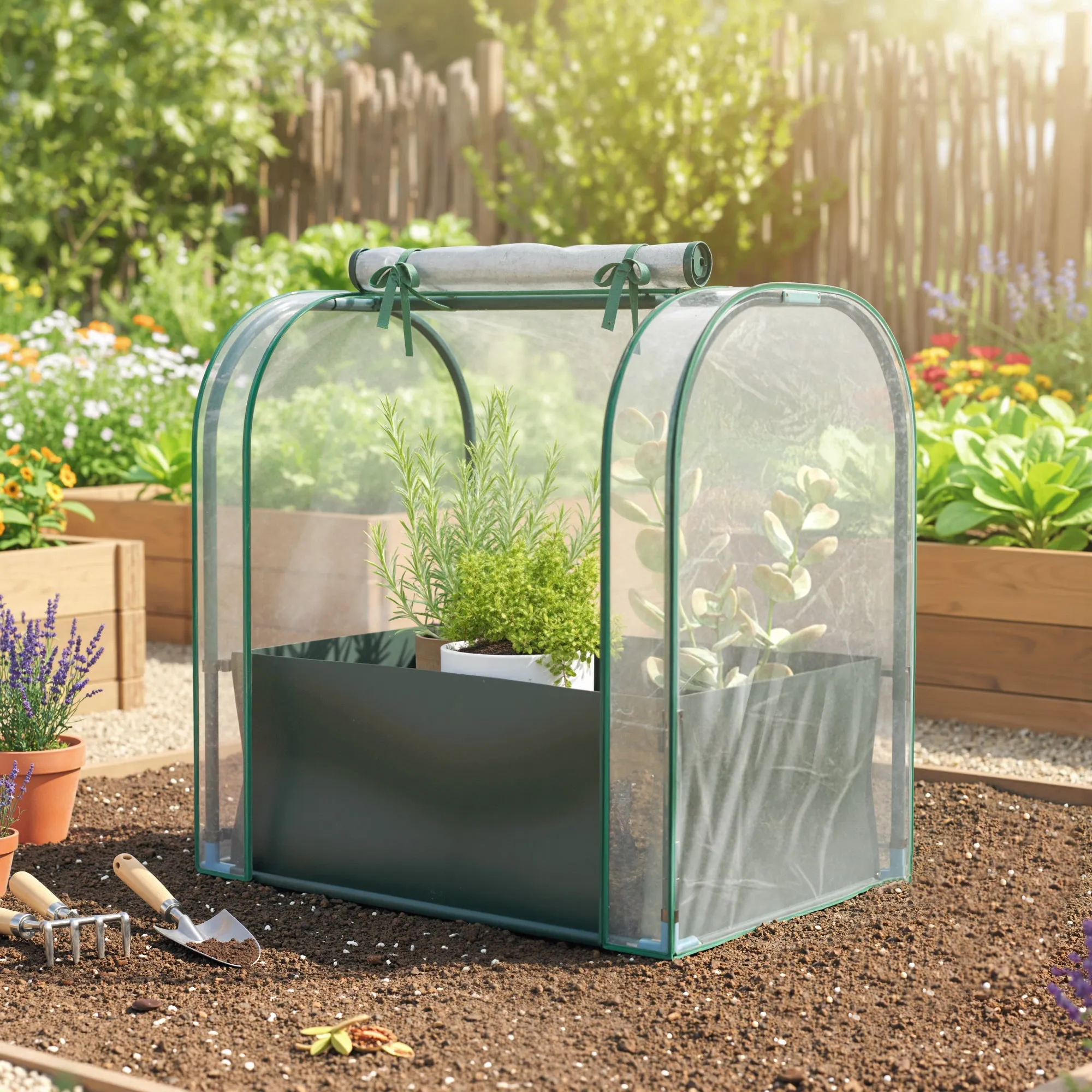 Outsunny Mini Greenhouse with Grow Bag and Roll-Up Door, 68x50x70 cm, Dark Green - Image 2
