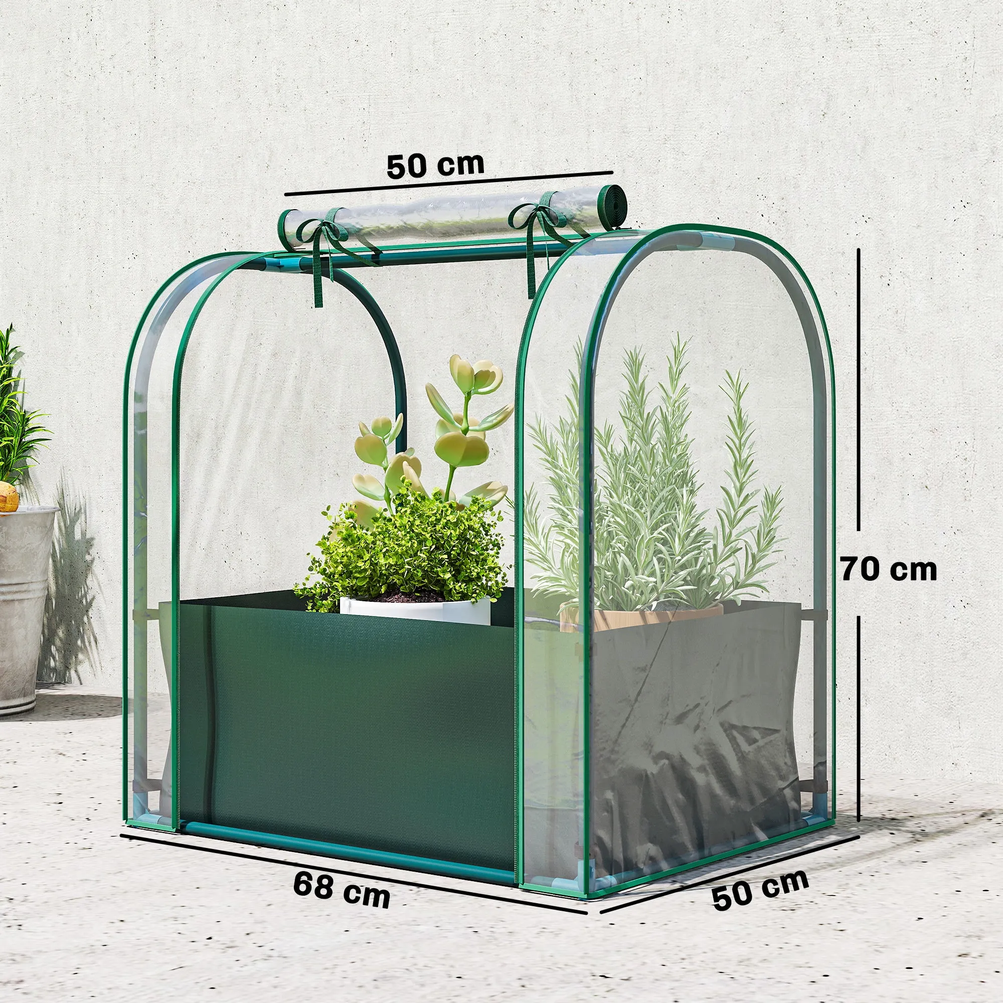 Outsunny Mini Greenhouse with Grow Bag and Roll-Up Door, 68x50x70 cm, Dark Green - Image 3