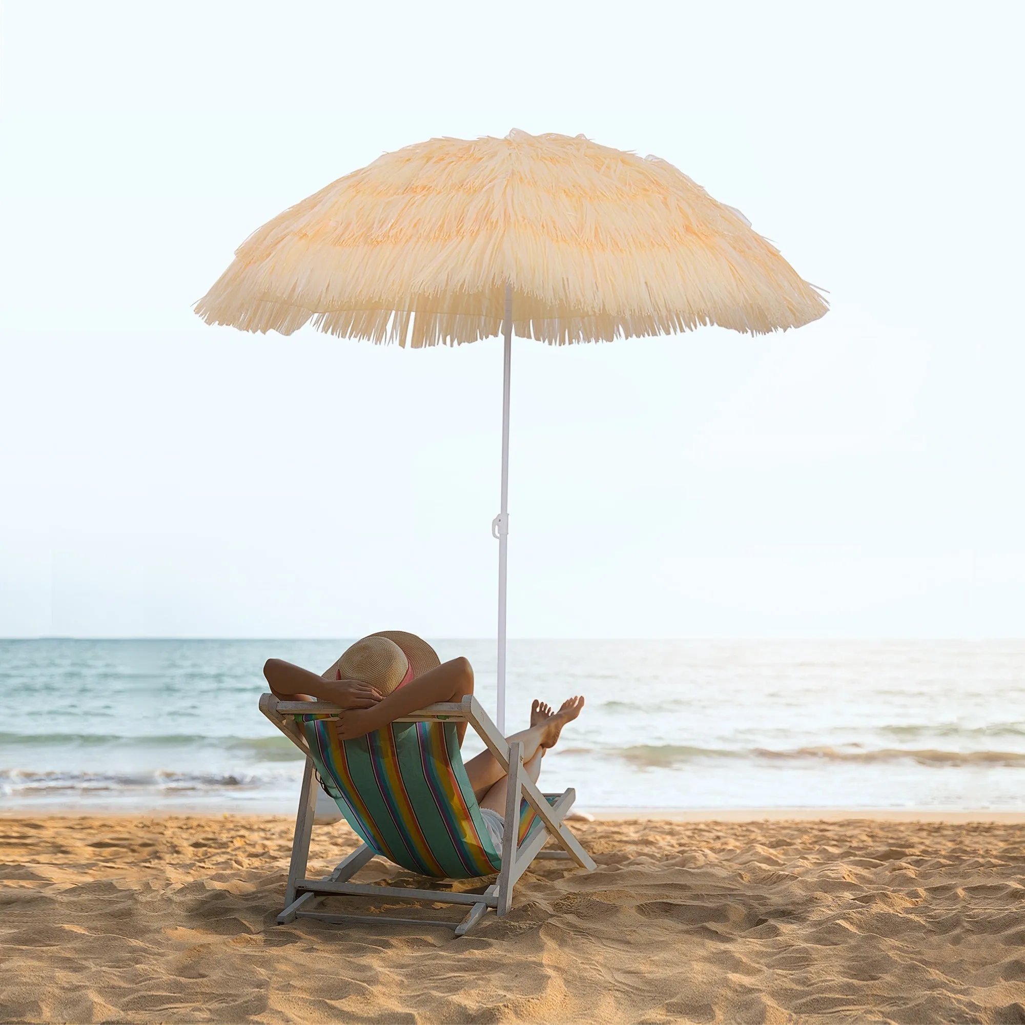 Outsunny 8-Ribbed Beach Umbrella with Tilting Pole, Polyester and Metal, 1.6 x 2 m, Beige - Image 2