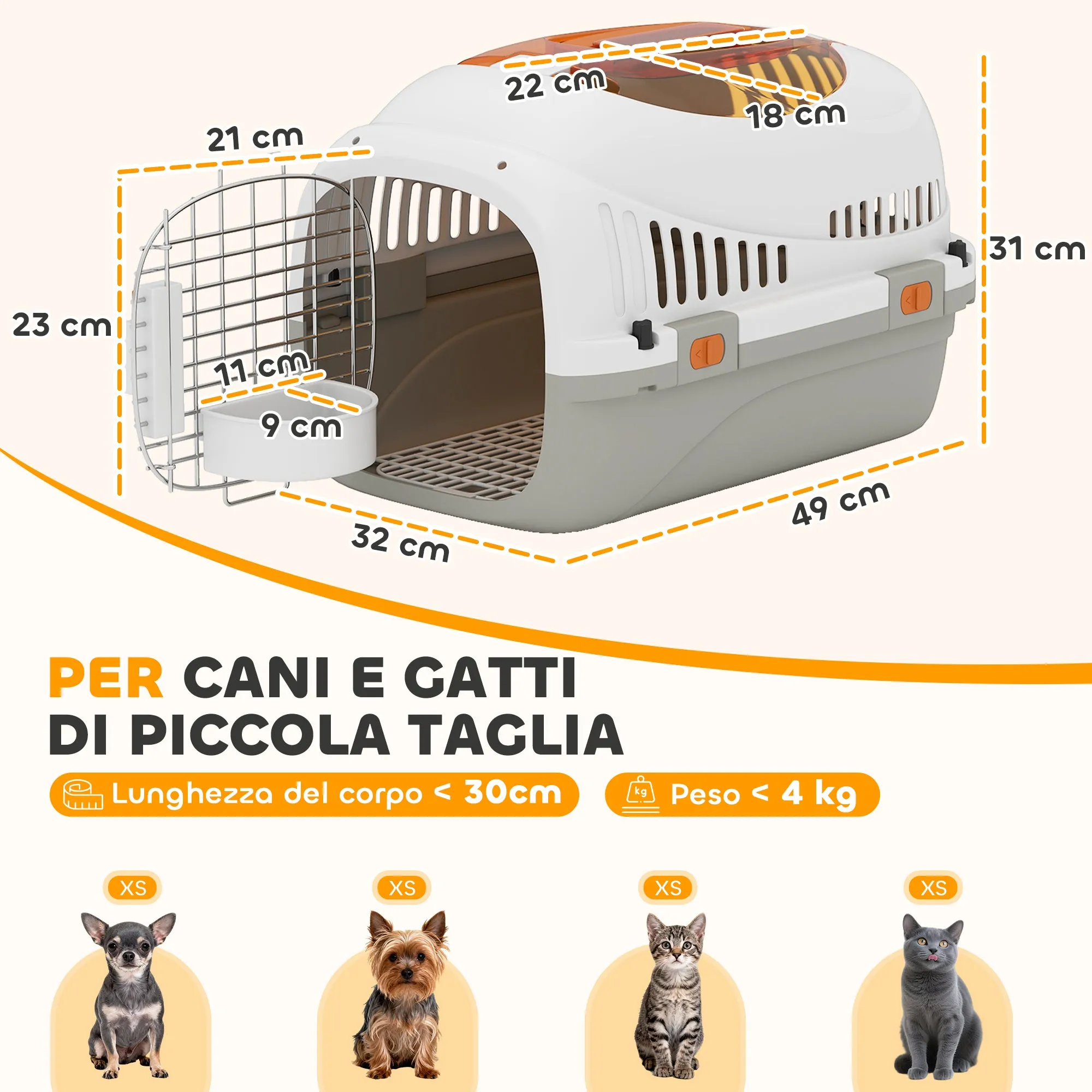 PawHut Pet Carrier for Cats and Small Dogs up to 4 kg in Plastic with Top Window, 49x32x31 cm, Grey - Image 3