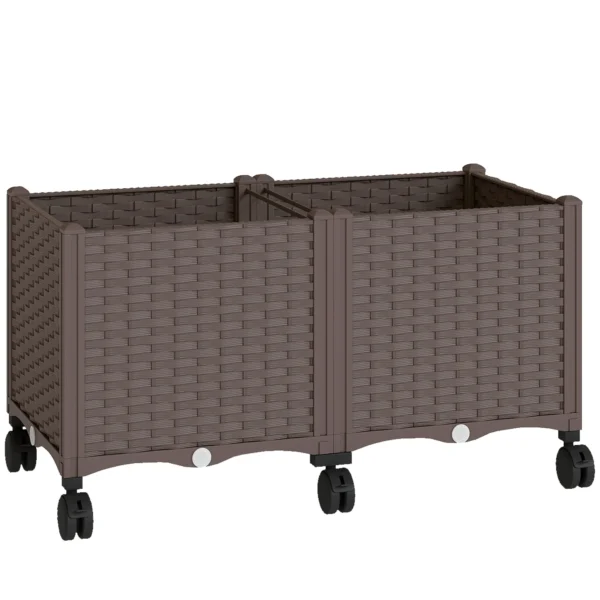 Outsunny 85L Raised Planter with Lockable Wheels, Self-Watering and Drainage Holes, Brown