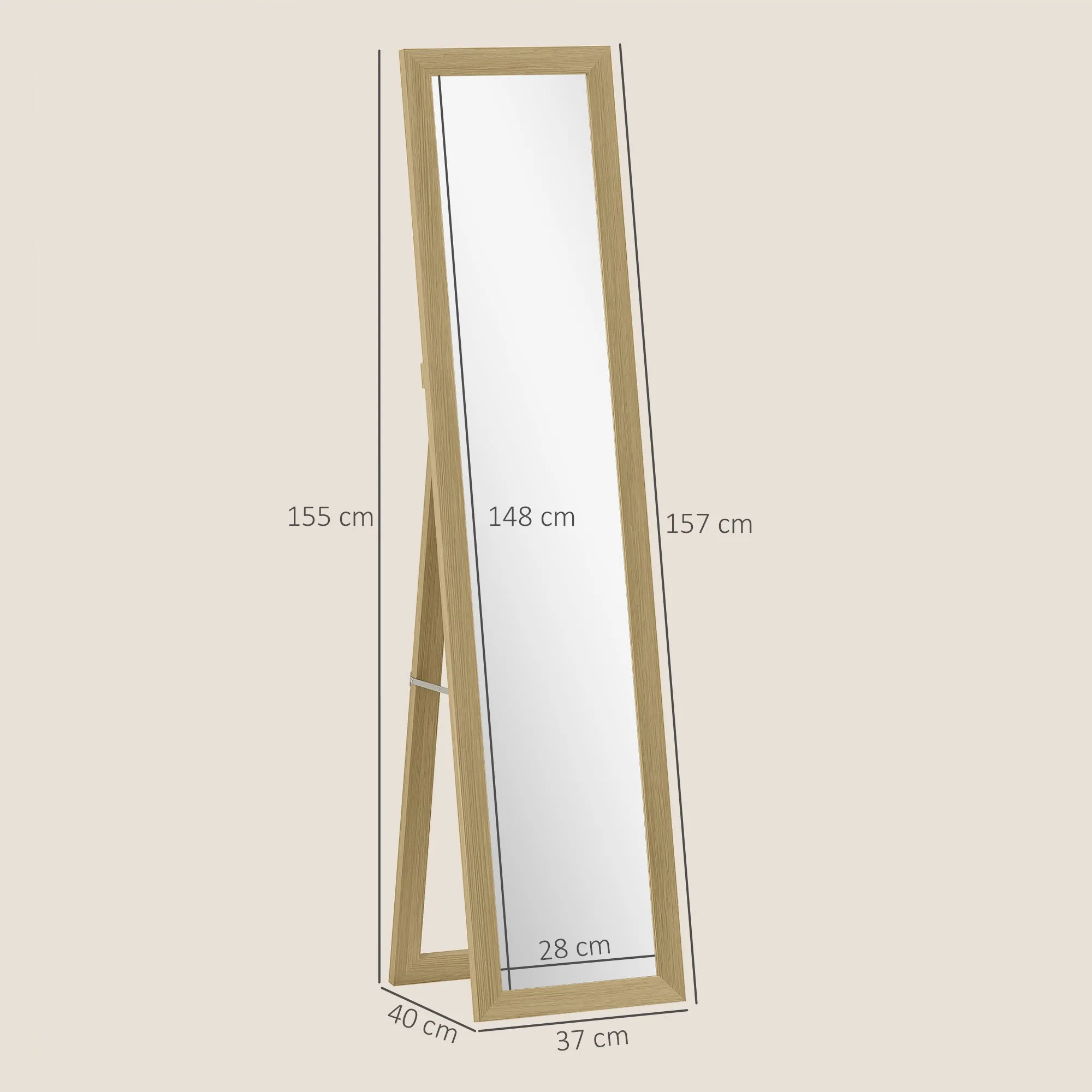 HOMCOM Vertical Wall or Floor Mirror with MDF Frame, 37x40x155 cm, Oak and Transparent - Image 3