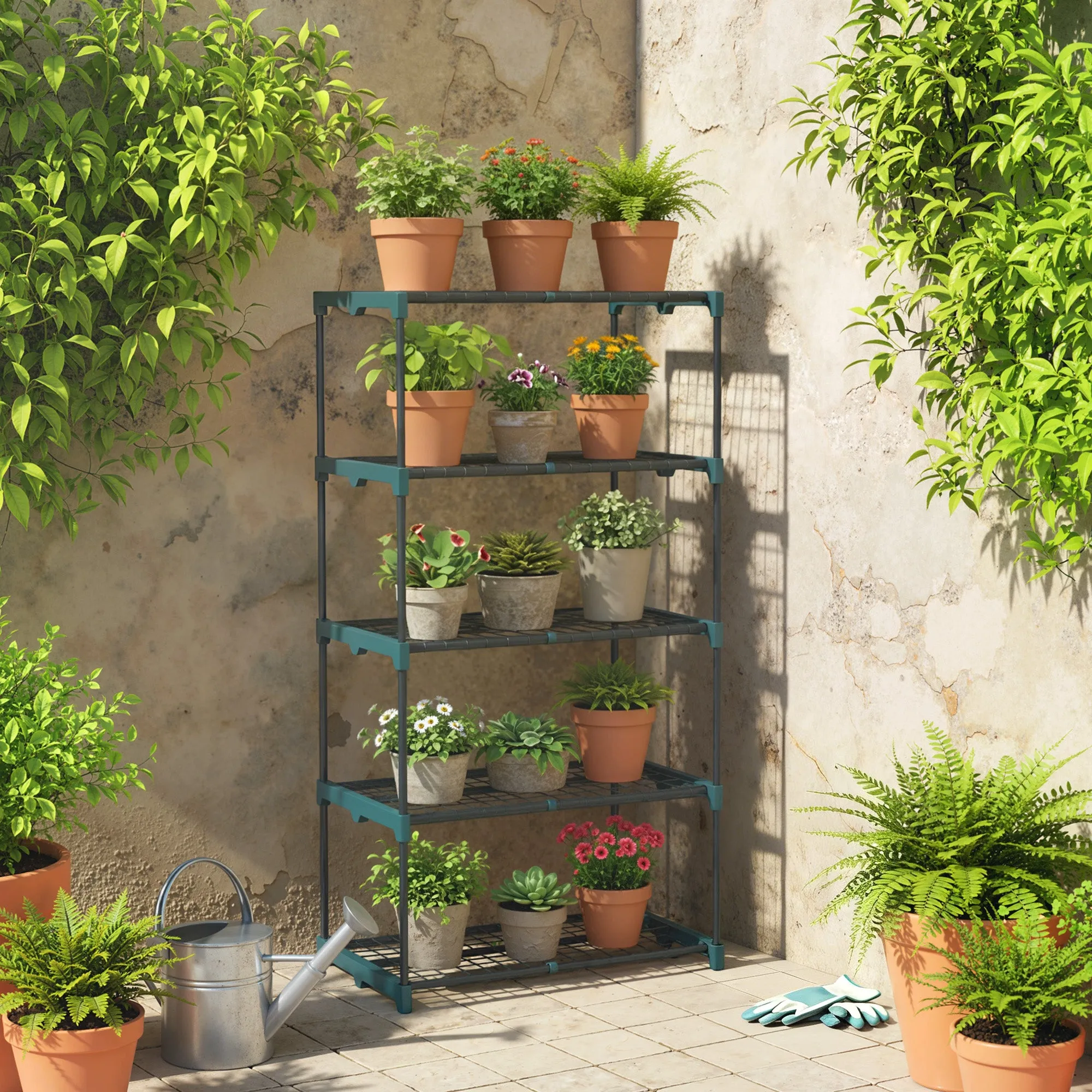 Outsunny 5-Tier Open Plant Stand in Steel and Plastic, 67x49x138 cm, Dark Green - Image 2